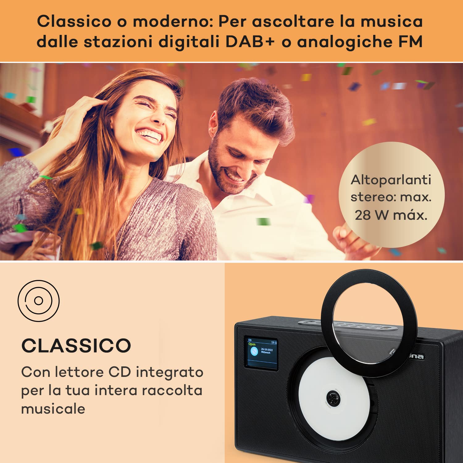 Vertico Radio Stereo Casa DAB/FM/DAB+ Bluetooth 28W Lettore CD Display LCD Radiosveglia Vintage Legno