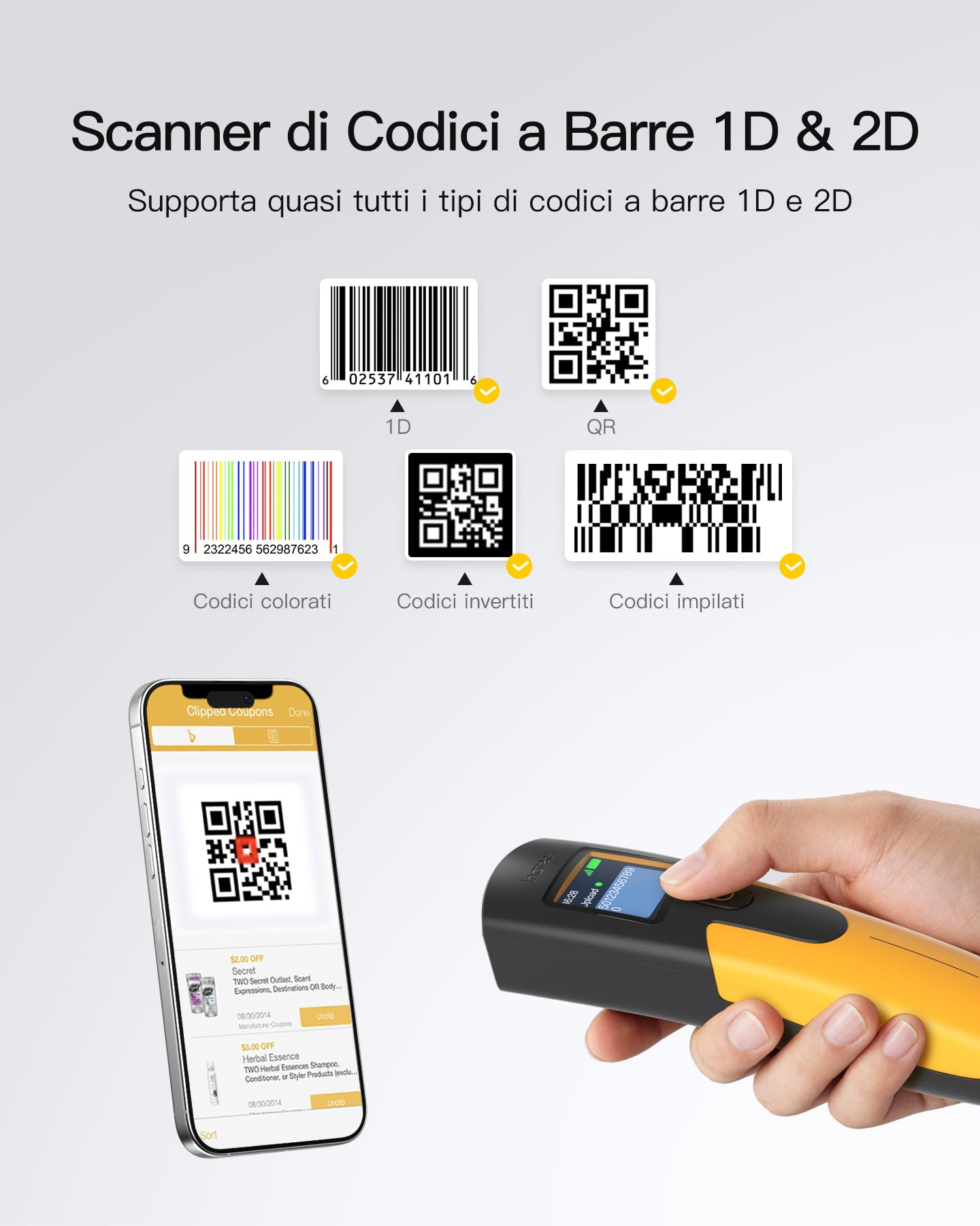 Inateck Scanner di codici a barre senza fili 1D 2D, QR Code Scanner Piccola tasca per inventario, Bluetooth 3 in 1 e cavo USB & 2.4G Wireless, 2600mAh per PC Tablet Android iOS POS, con APP e SDK | 3 in 1 Bluetooth & Cavo USB & 2.4G Wireless 2600mAh per P