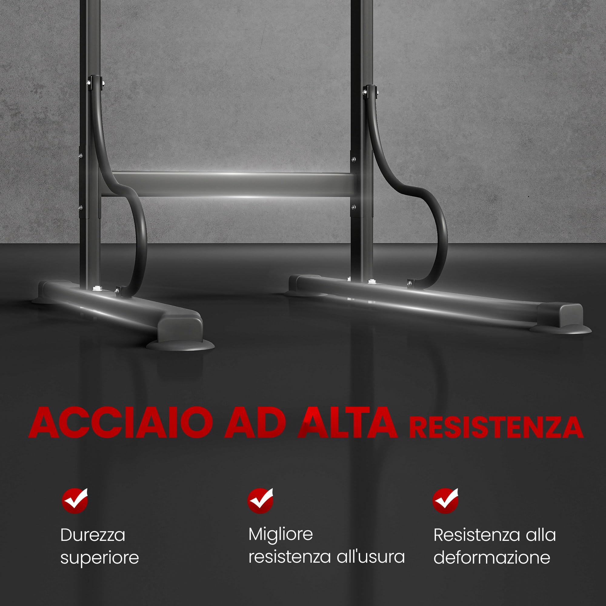 HOMCOM Power Tower Dip Station, Barra per Trazioni Power Tower Stazione Fitness Multifunzione con Altezza Regolabile 171-219cm, Nero Rosso