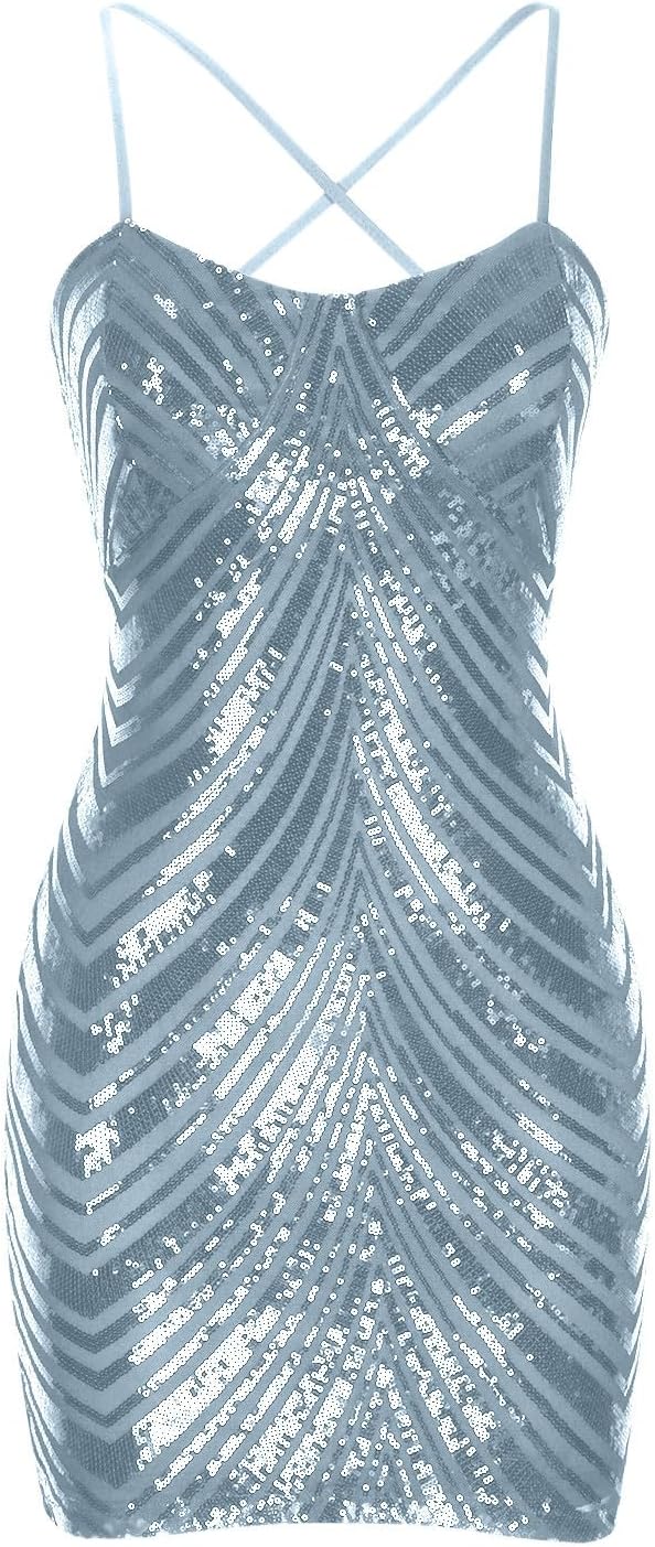 Women Spaghetti Sparkly Sequin Mini Dress,Crew Neck Party Dresses