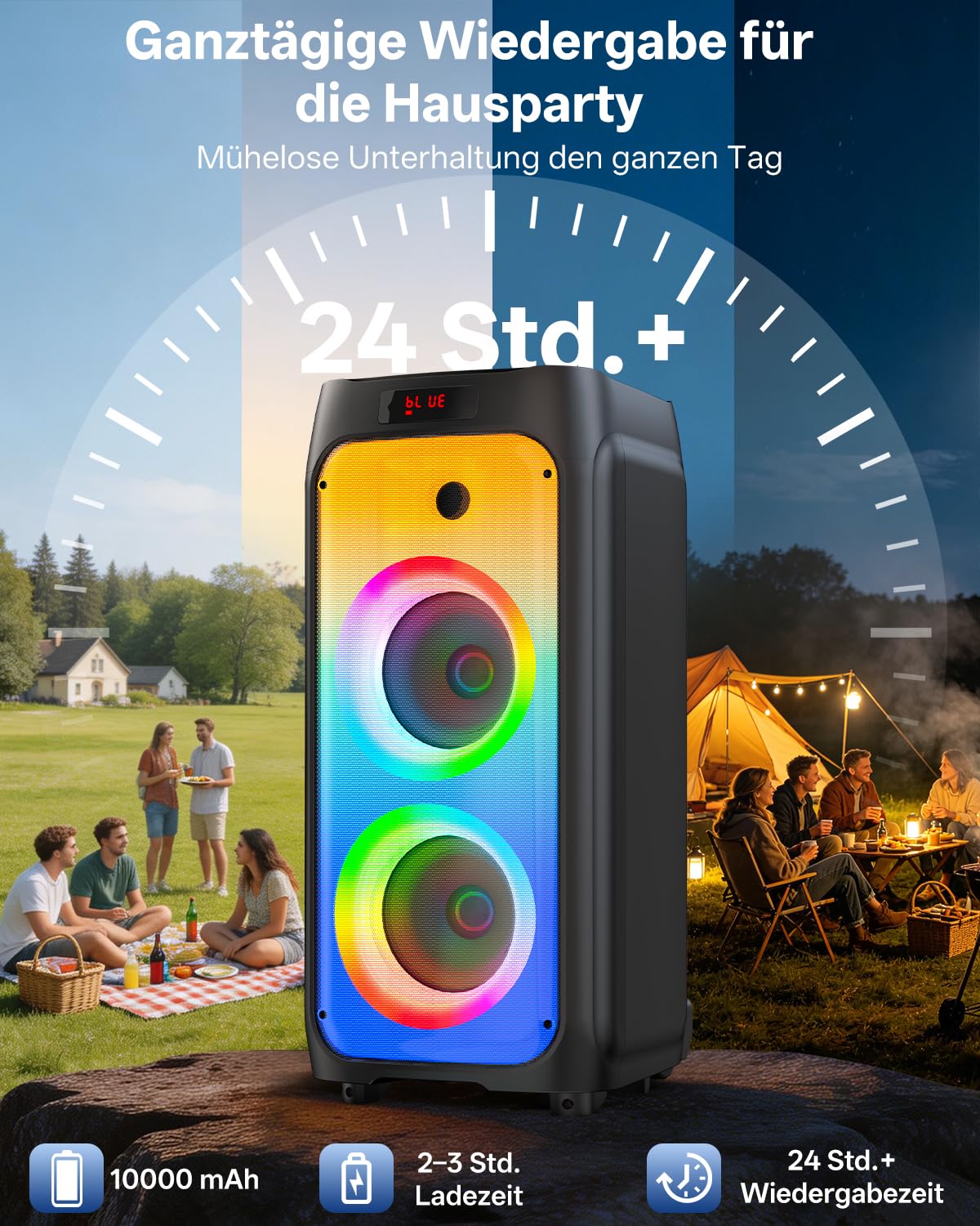 JYX Karaoke Anlage mit 2 drahtlosen Mikrofonen, Bluetooth Party Lautsprecher mit Rädern, Disco Lichtern und Subwoofer, 500W PA System für Party, Outdoor und Karaoke, TWS/SD/USB/AUX/Rec