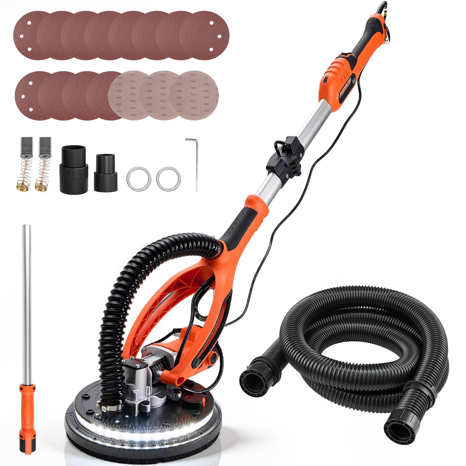 VEVOR Ponceuse Girafe 850 W Ponceuse Mur et Plafond Tuyau d'Aspiration pour Plaques Plâtre Cloisons Sèches Plaquiste, 800-1700 tr/min, Éclairage LED, Poignée Télescopique Pliable, 15 Disques Ponçage