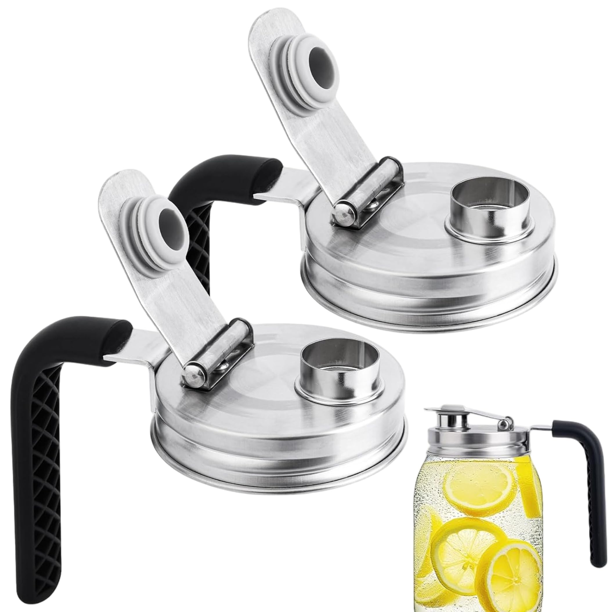 Syglawnd Mason Jar Pitcher Lid, 2PCS Stainless Steel Wide Mouth Mason Jar Pour Spout Lid With Handle, Airtight Seal For Beverage Storage, Silver, 3.39inch, Wide Mouth Pour Spout