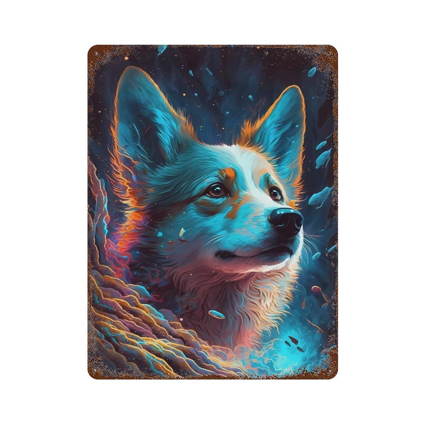 Weathered Tin Sign with Corgi Dog Enchantment Design 15.7"x11.8", for Shed, Workshop And Garage Wall Decor, Decorative Metal Wall Art