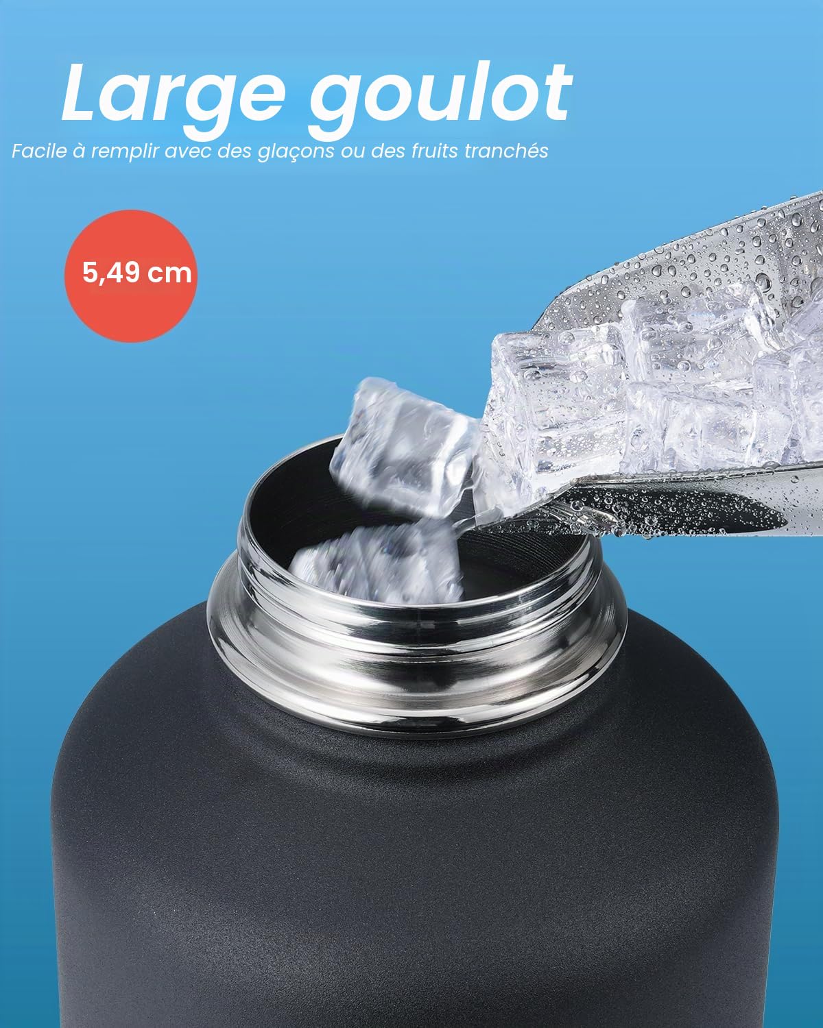 Coolflask Bouteille d'eau Isotherme 2L avec paille et 3 couvercles, Bouteille d'eau froide et chaude en acier inoxydable, isolée, sous double vide et étanche, Noir