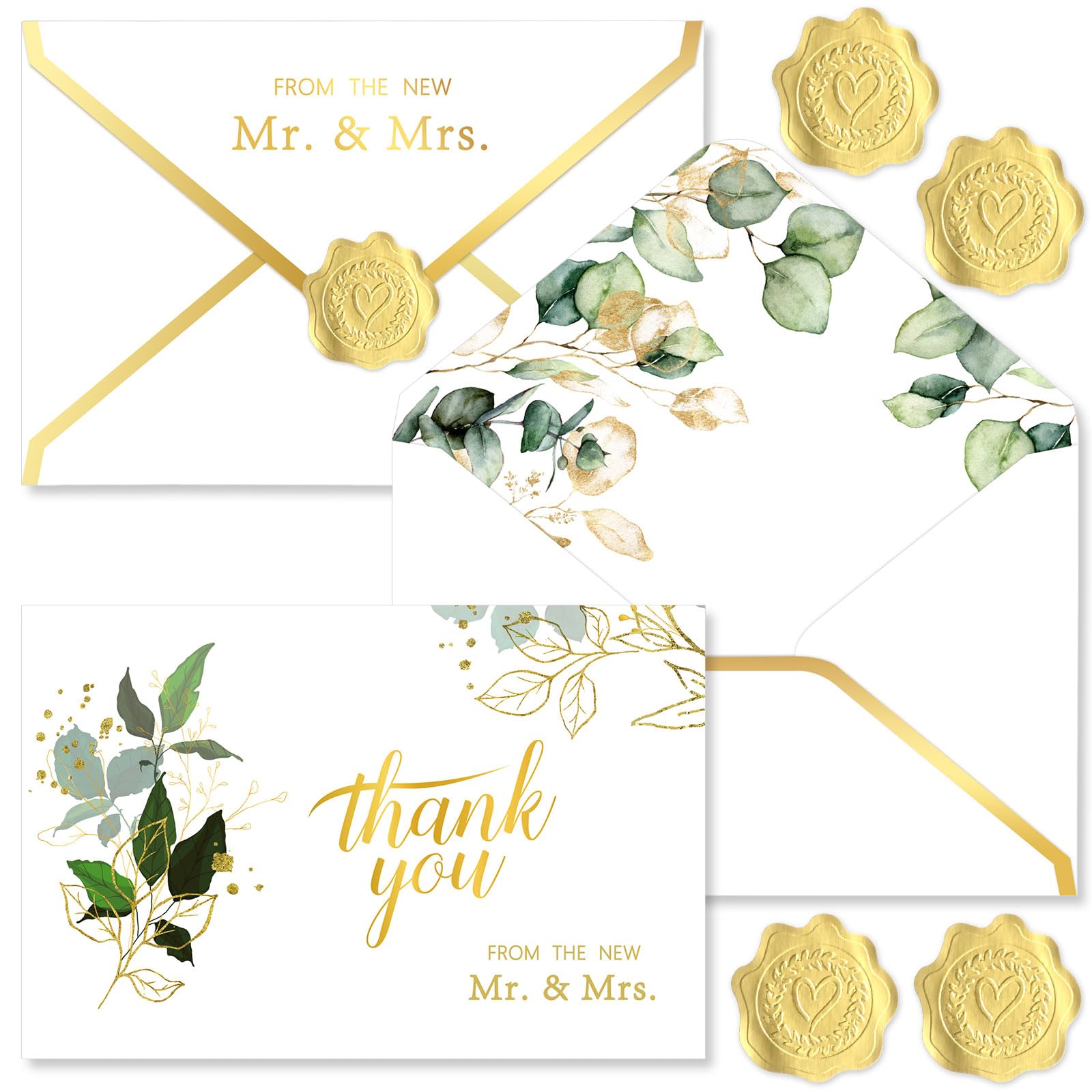 Motiskyy Lot de 100 cartes de remerciement de mariage avec enveloppes en vrac 120 autocollants Enveloppes à rabat en V avec bordure dorée 10,2 x 15,2 cm