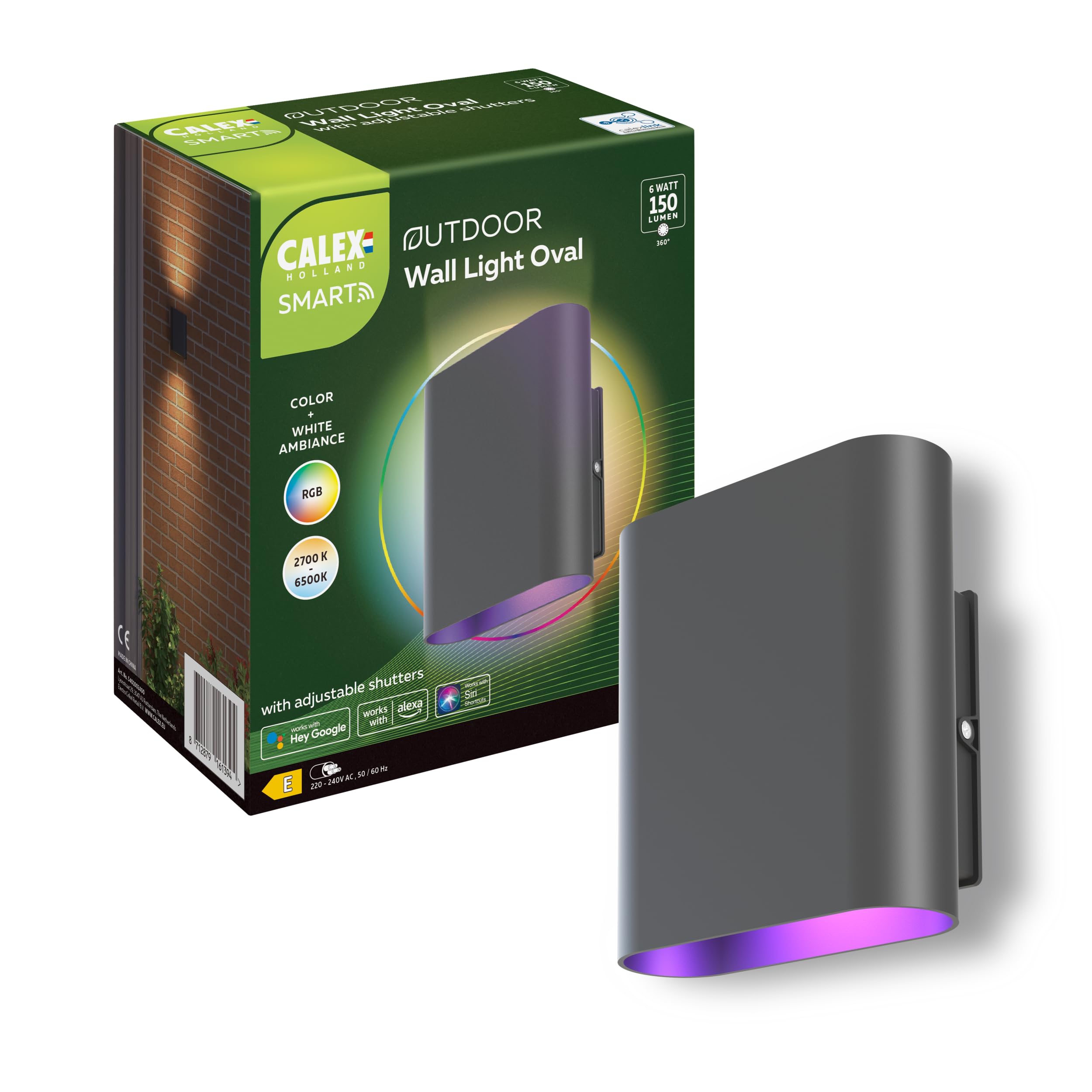 Calex Black - Smart Outdoor Wall Light Oval, Bluetooth Mesh, Rgb + Tunable White, 2700K-6500K, Adjustable Shutters, Ip54