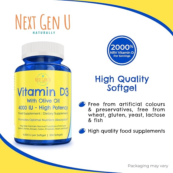 Vitamin D3-4000 IU, 360 Softgels - Food Supplement - with Olive Oil to Support Immune & Bone Health - by NextGenU