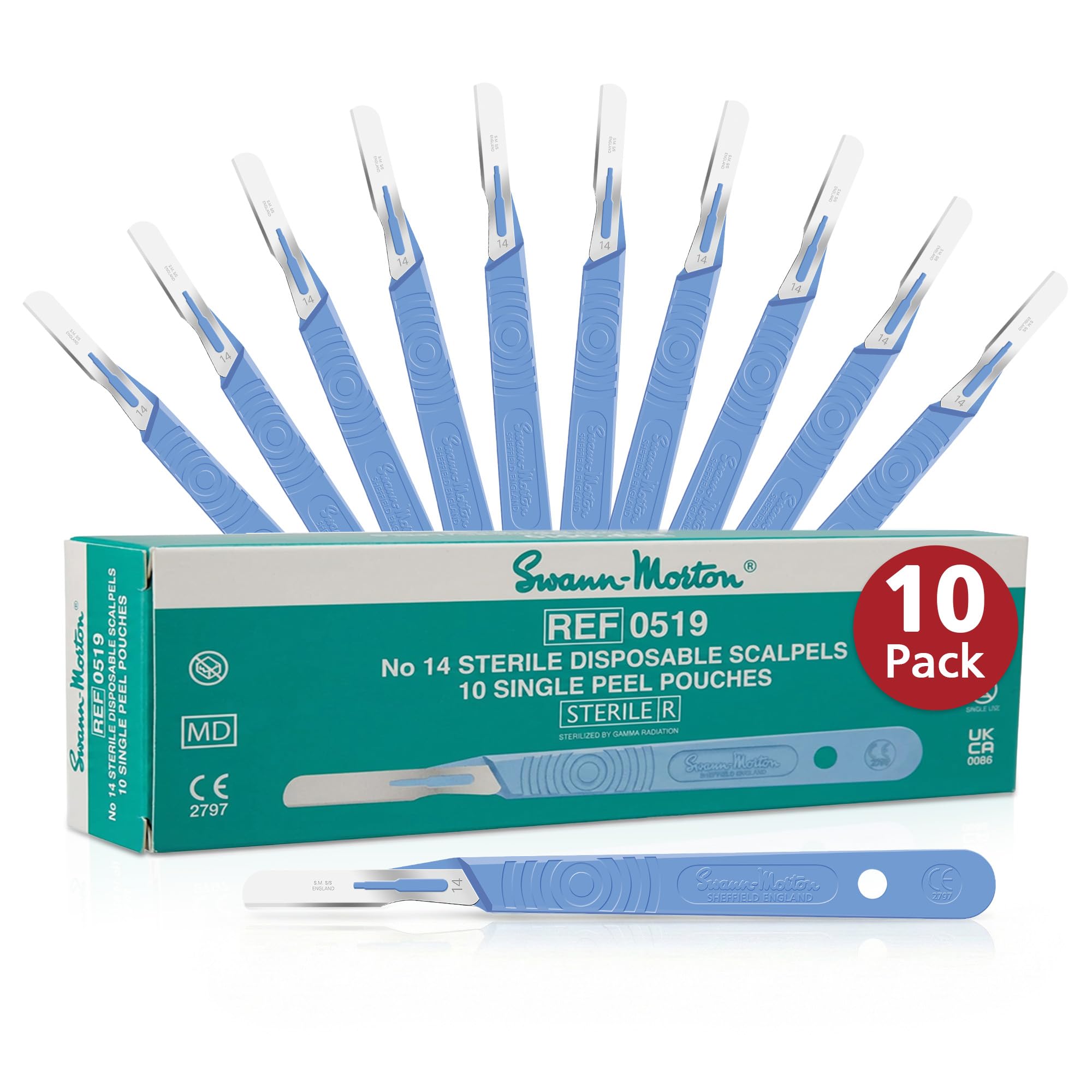 Swann Morton #14 Disposable Surgical Scalpel with Blade - Sterile Dermaplane Blade for Face, Dermaplaning for Women & Men, Beauty Tools for Estheticians - Individually Packed, Box of 10