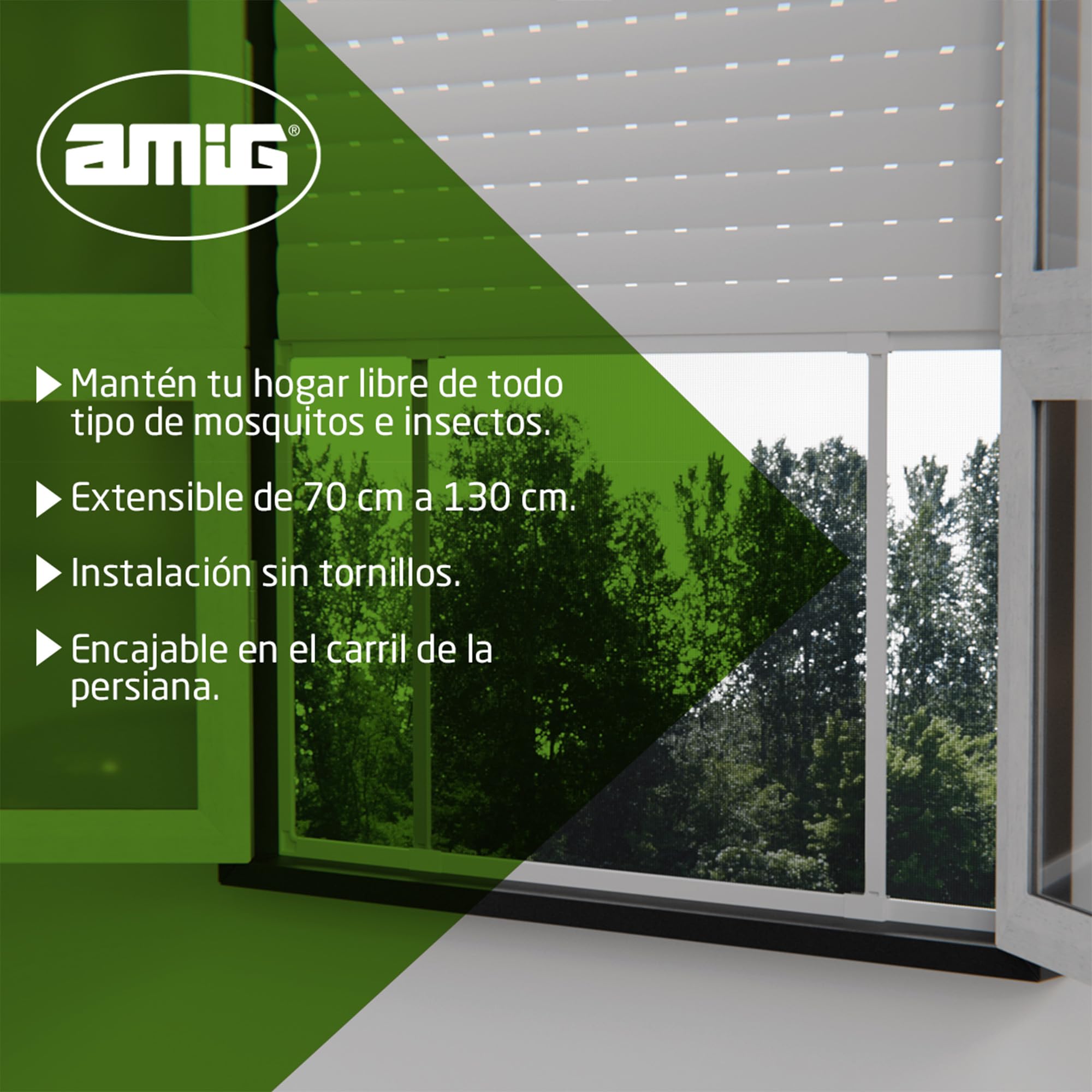 Amig – Mosquitera Extensible para Ventanas - Instalación sin Tornillos - Encajable en el carril de la persiana - 70 x 50 cm - Ajustable hasta 130 cm - Aluminio Blanco y Malla de Fibra de Vidrio gris