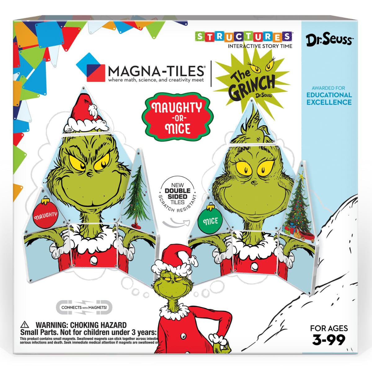 CreateOn Magna-Tiles Grinch Magnetic Building Toys from Dr. Seuss’ “How The Grinch Stole Christmas” Book, Educational Toys for Ages 3+, 19 Pieces