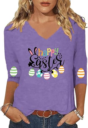 Easter Shirts for Women V Neck Happy Easter T Shirt Easter Bunny 3/4 Sleeve Tees Cute Rabbit Holiday Tees Tops