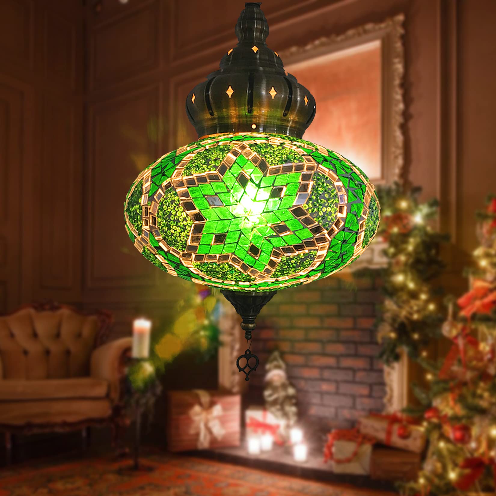 BOTOWI (12 Colors) Hanging Ceiling Mosaic Lamp Light Chandelier, Turkish Moroccan Pendant Lights, Multicolor Decorative Colorful Glass Globe Fixtures Living Room Bedroom Home Decor,green