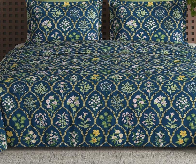 Image of DECOMIZER Cotton Feel All Around Elastic Fitted Glace Printed Single Bed Bedsheet with 1 Large Pillow Cover Fits Upto Mattress of 6 Inches,Size - 42 x 75 x 8 Inches, Navy Jaipuri