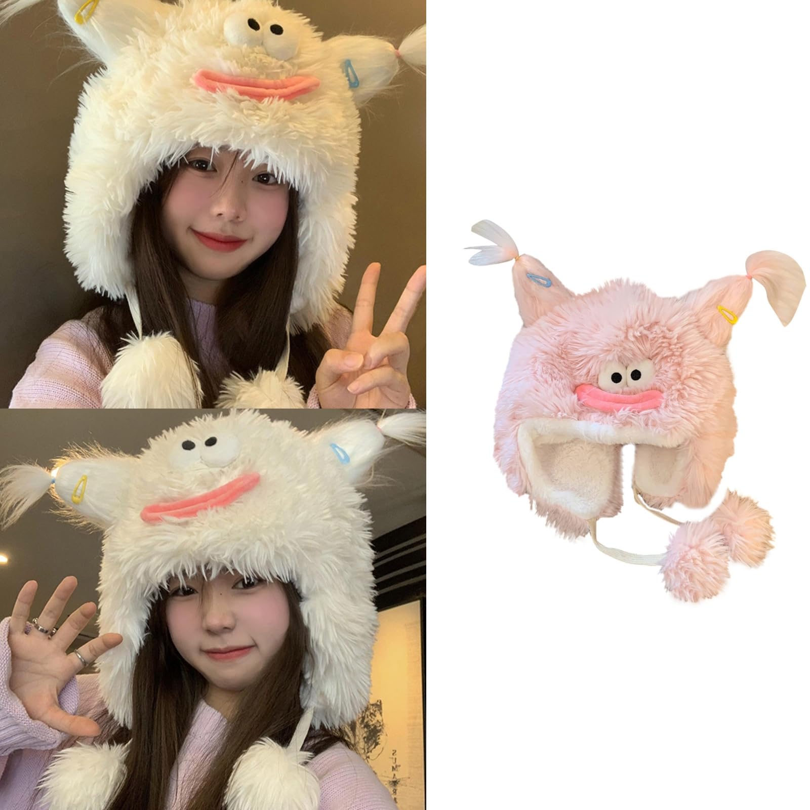 Plush Ugly Shape Trapper Hat Adult Ear Protect Hat Winter Warmer Hat for Students Teens Pink