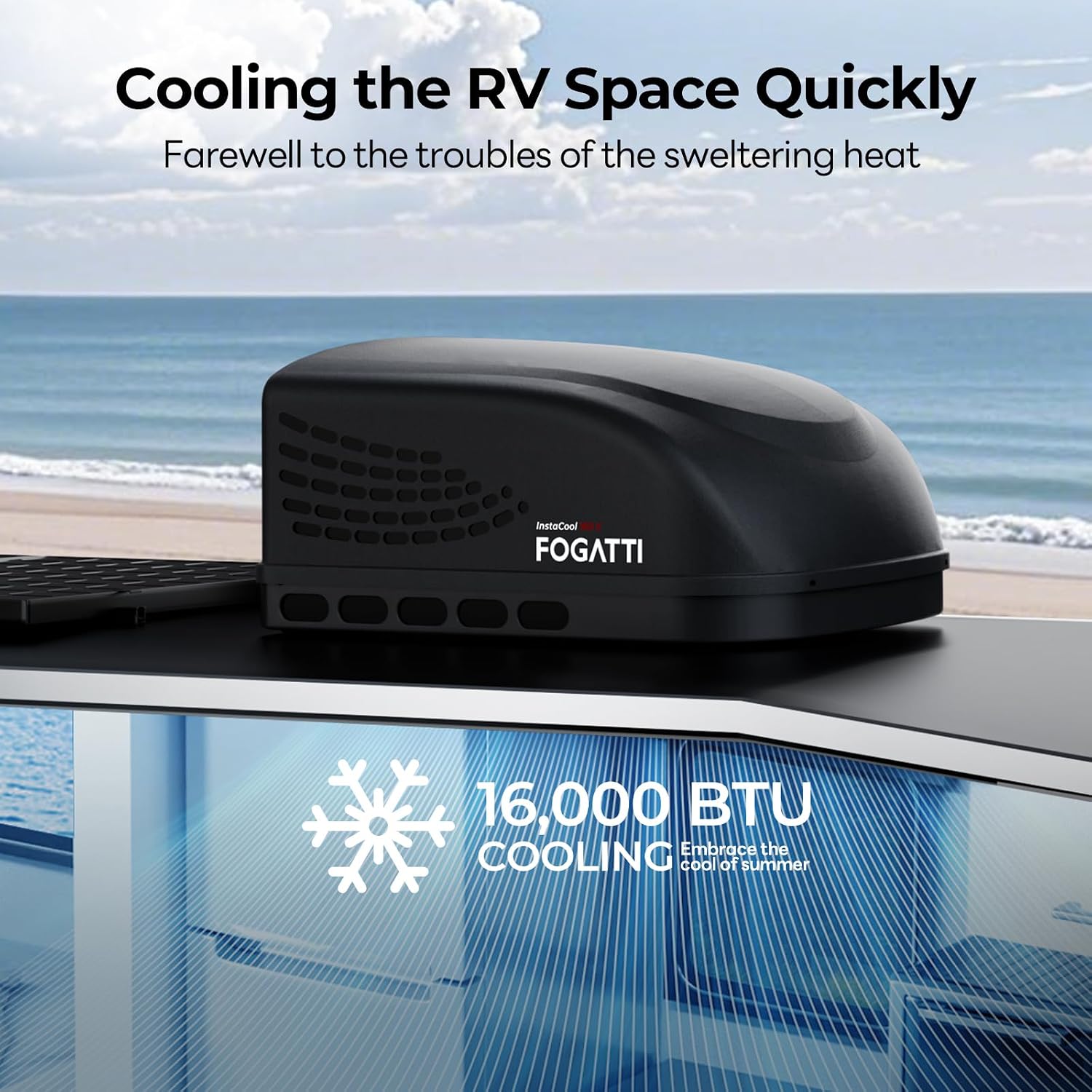 FOGATTI RV Air Conditioner InstaCool 16000BTU Non-Ducted, Rooftop AC Unit RV, All in One Unit, Easy Install, Quiet AC, For Camper (Non-ducted, Black)