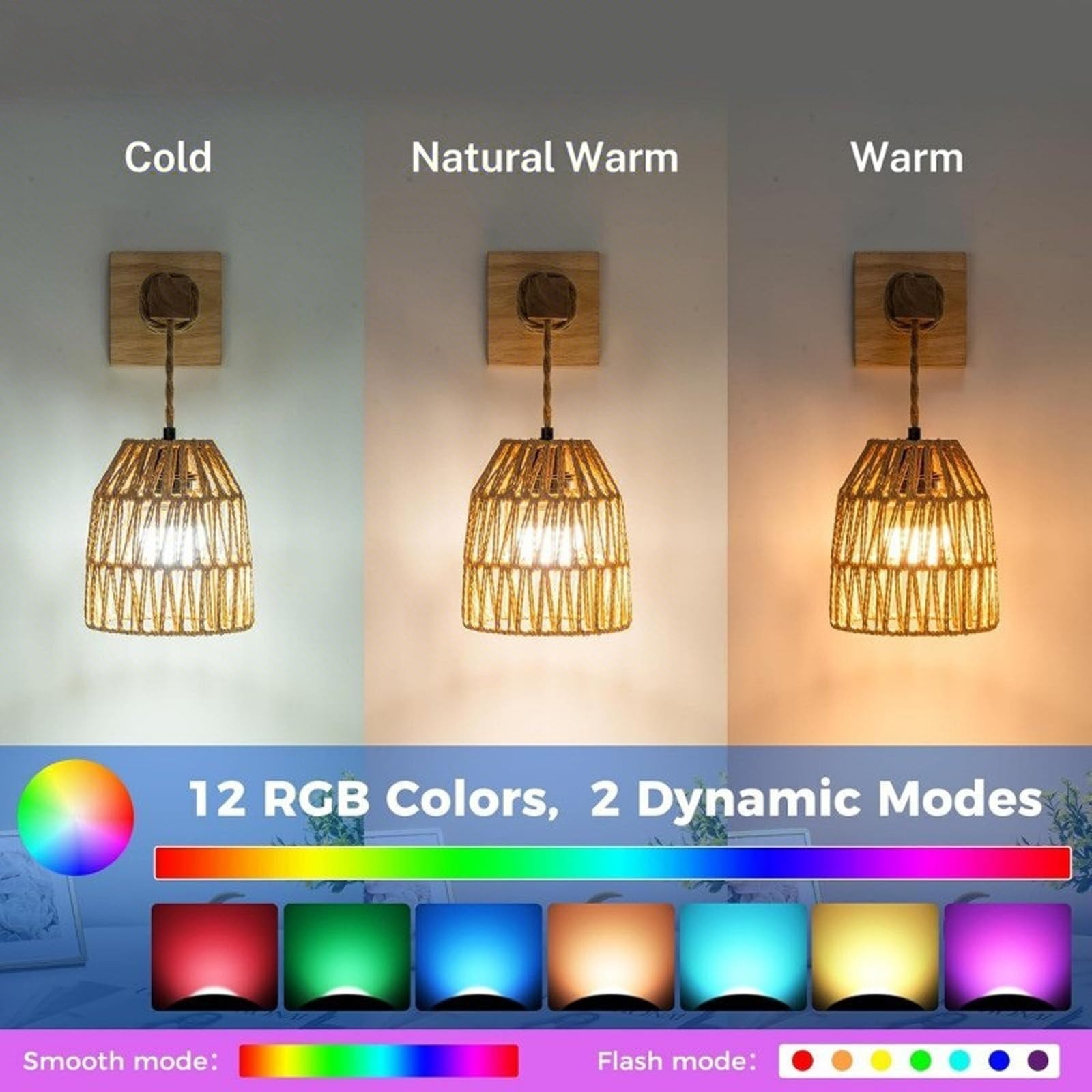 Interni Lettura Lampada da Parete con Telecomando RGB Dimmerabile Luce da Parete USB Ricaricabile Retrò Bambù Applique da Parete Creatività Legno Massello per Corridoio (1 Pezzi)