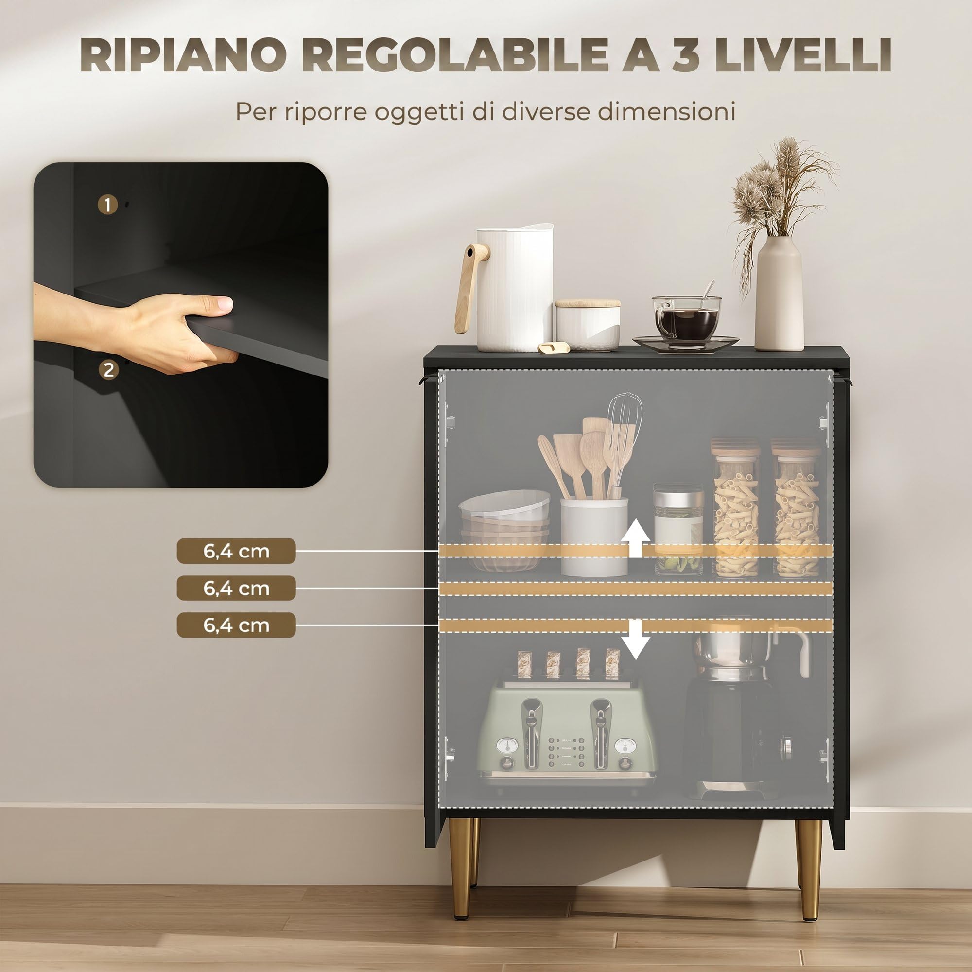 HOMCOM Credenza Cucina con 2 Ante, Ripiano Regolabile, 60x40x80 cm, Nero | Mobile Cucina, Mobile Buffet, Gambe in Metallo, per Soggiorno, Sala da Pranzo