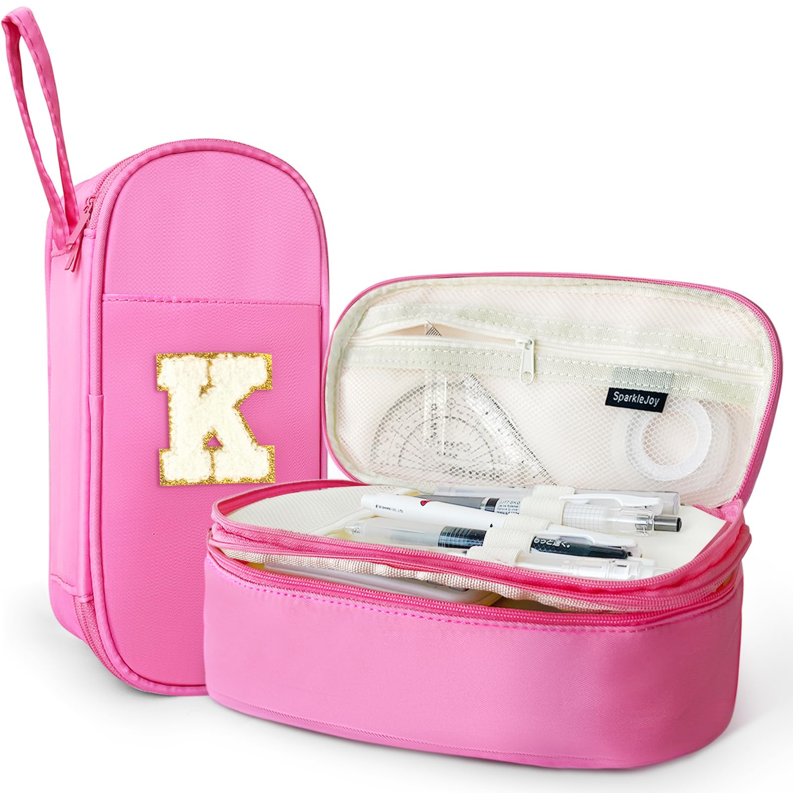 SparkleJoy Large Pencil Case for Girls, Personalised with Plush Letter (A-Z), Double Compartment School Supplies for Pens & Stationery, Cute Kawaii Gift for Teens & Adolescents&Woman (K, Pink) โ image 1