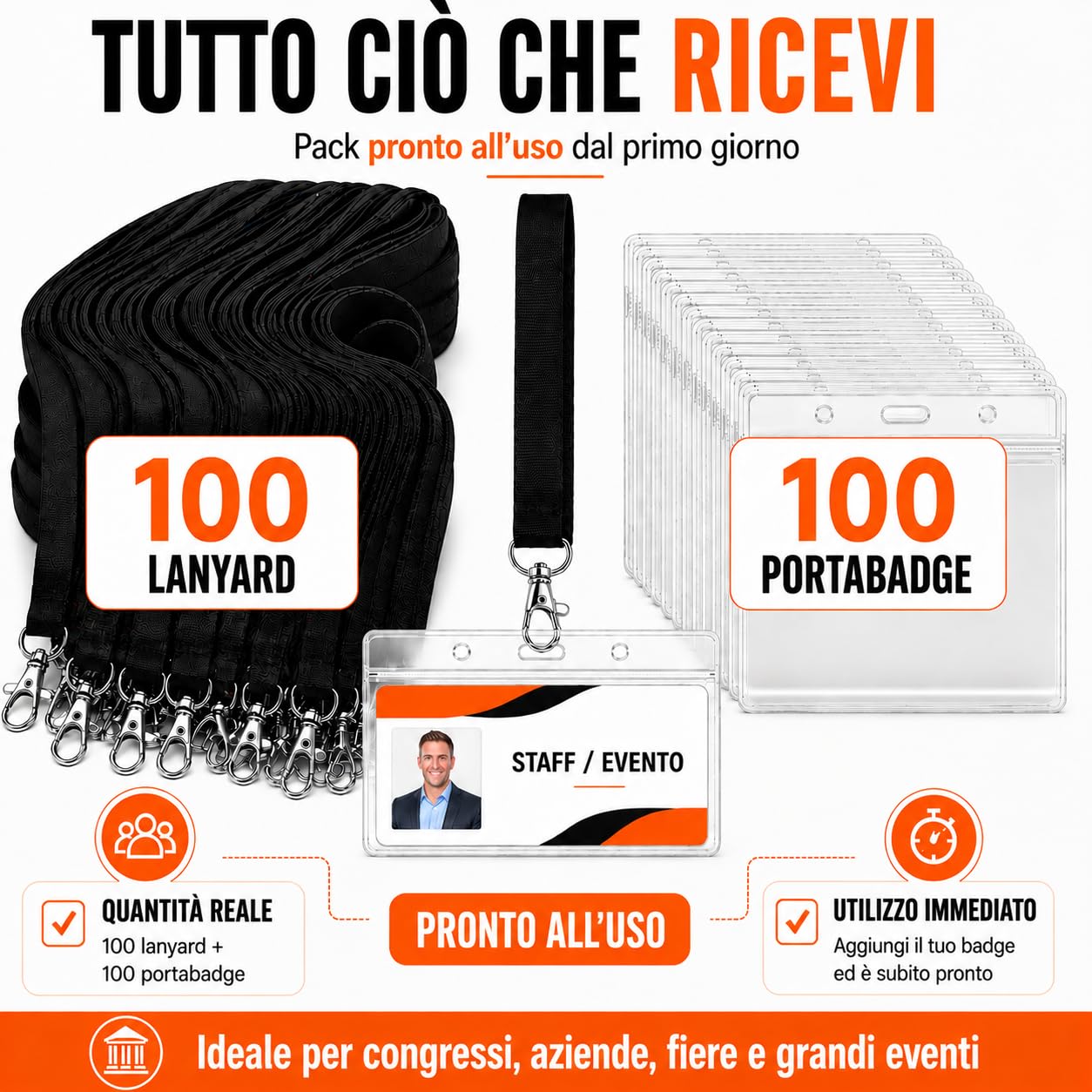 Set 100 Lanyard Neri + 100 Porta Badge Orizzontali 12 x 9 cm | Poliestere 2 cm x 46 cm, gancio metallico 4 cm, PVC trasparente, apertura superiore, lettura RFID e QR senza estrarre la tess
