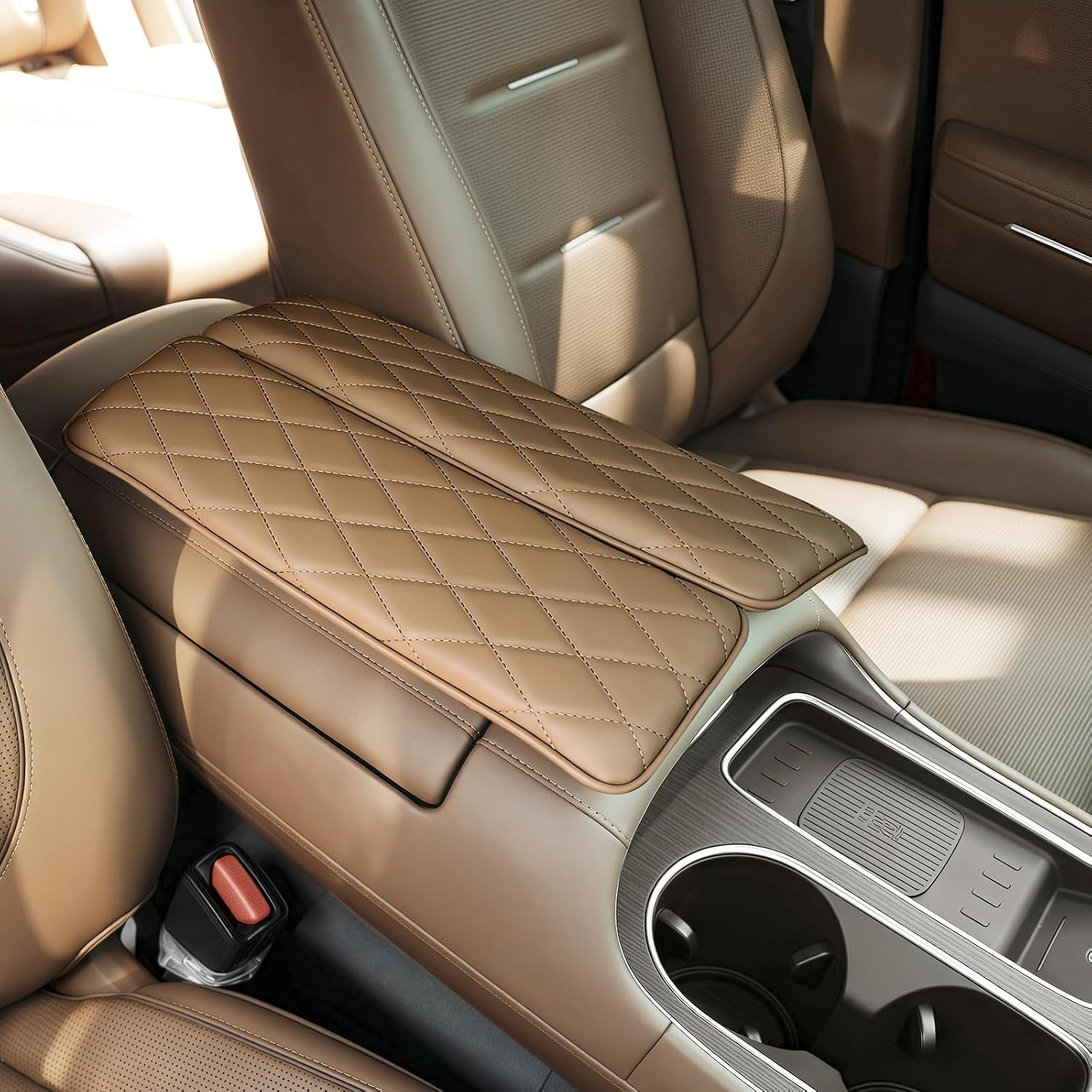 Center Console Box Armrest Cushion Cover Compatible with Hyundai Palisade 2026-2027 Accessories-Calligraphy Version(Khaki)