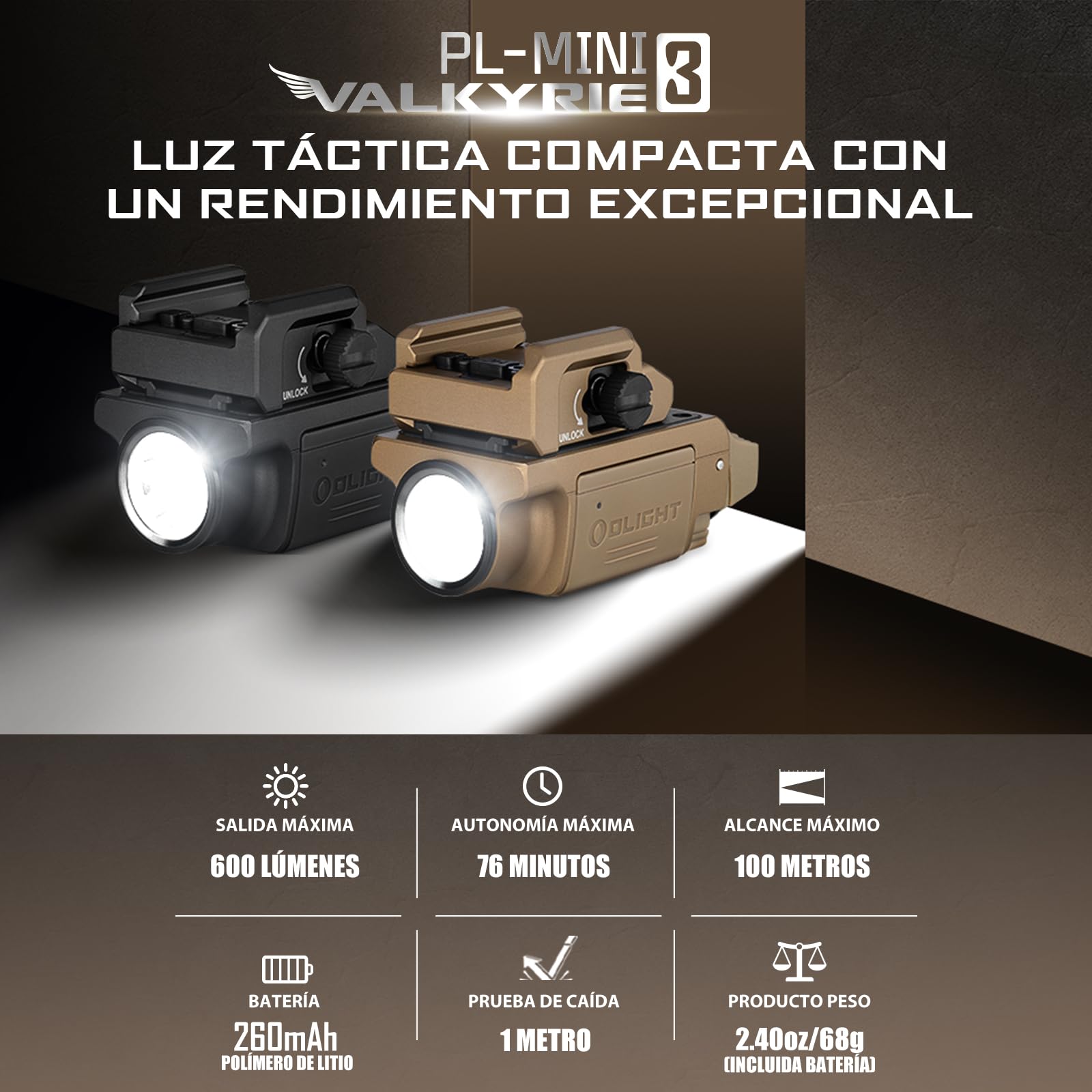 OLIGHT PL Mini 3 600 Lúmenes Alcance 100 Metros Duración de la Batería 76 Minutos Clip de Montaje con Tornillo