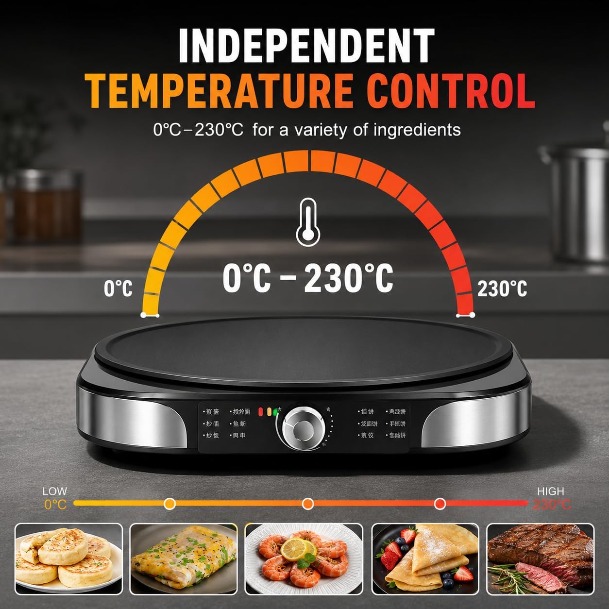 Crêpière électrique 40 cm, 2200 W, plaque antiadhésive, contrôle de la chaleur réglable pour crêpes, crêpes, etc