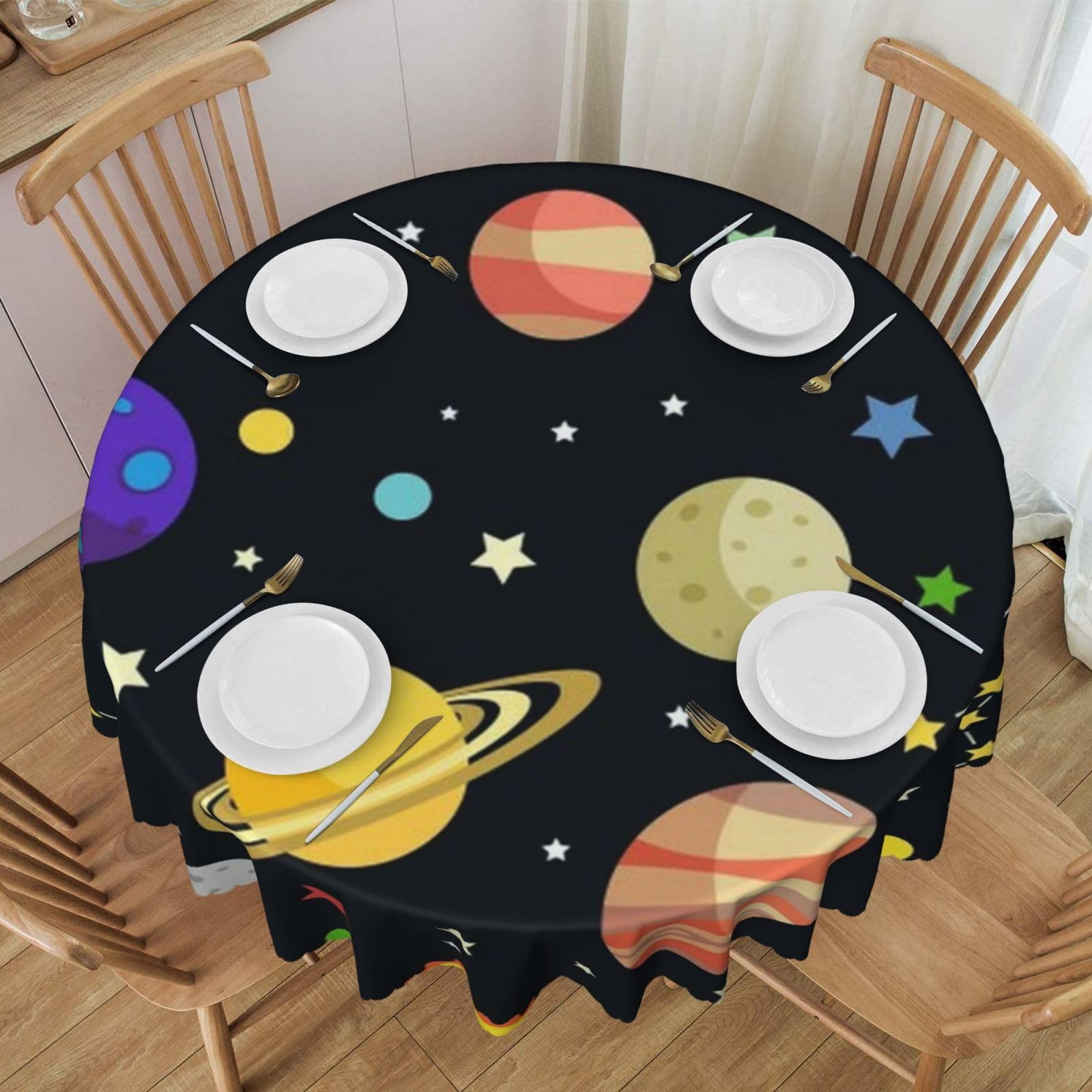 DCEHGEW 60 In Round Tablecloth with Lace, Space cartoon Printed Oilproof & Washable Fabric Picnic Table Cloth Table Covers