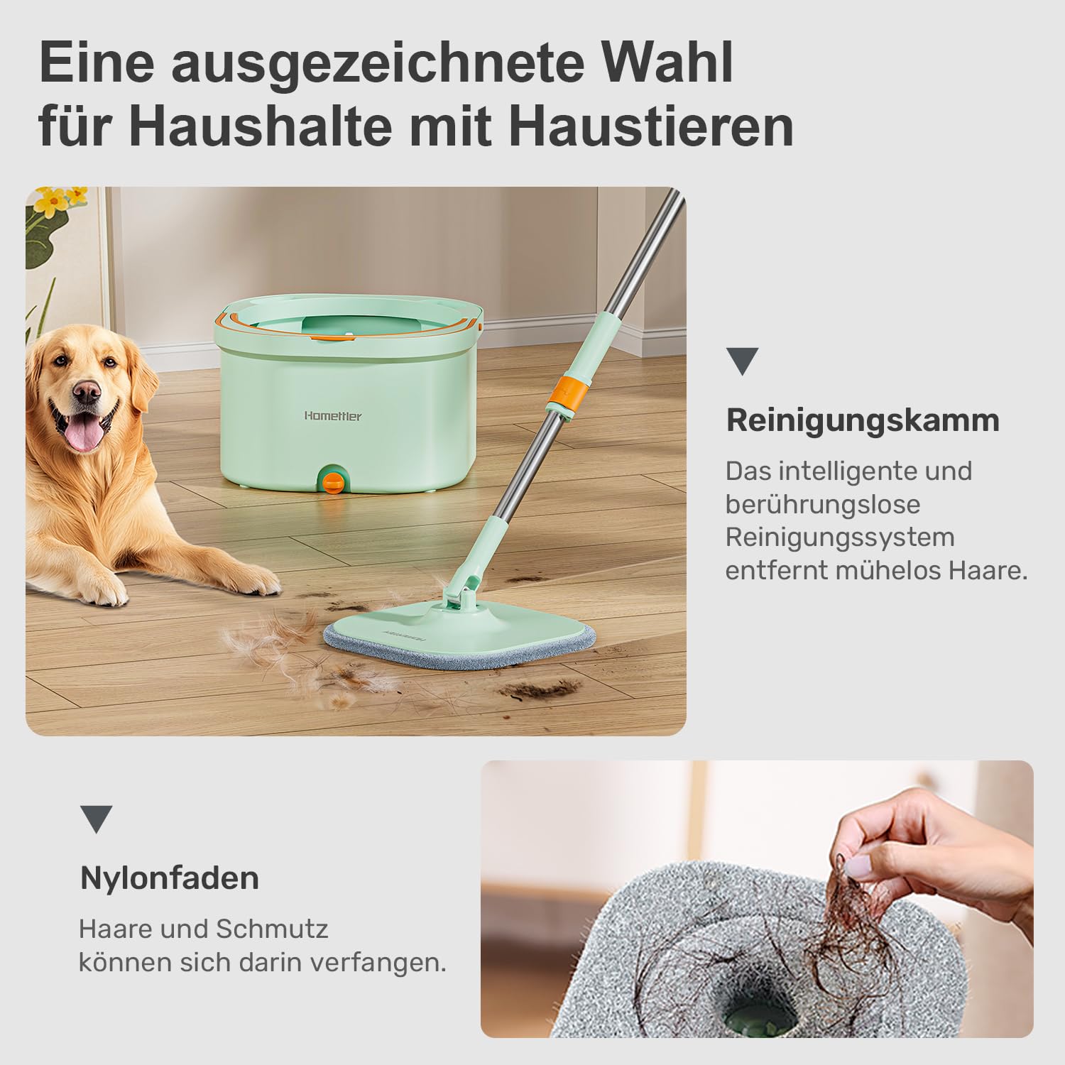 HoMettler Mopp-Und Eimer-Set, Flachmopp-System Mit Getrenntem Schmutz- Und Reinigungswasser (Flachmopp- und Eimersy