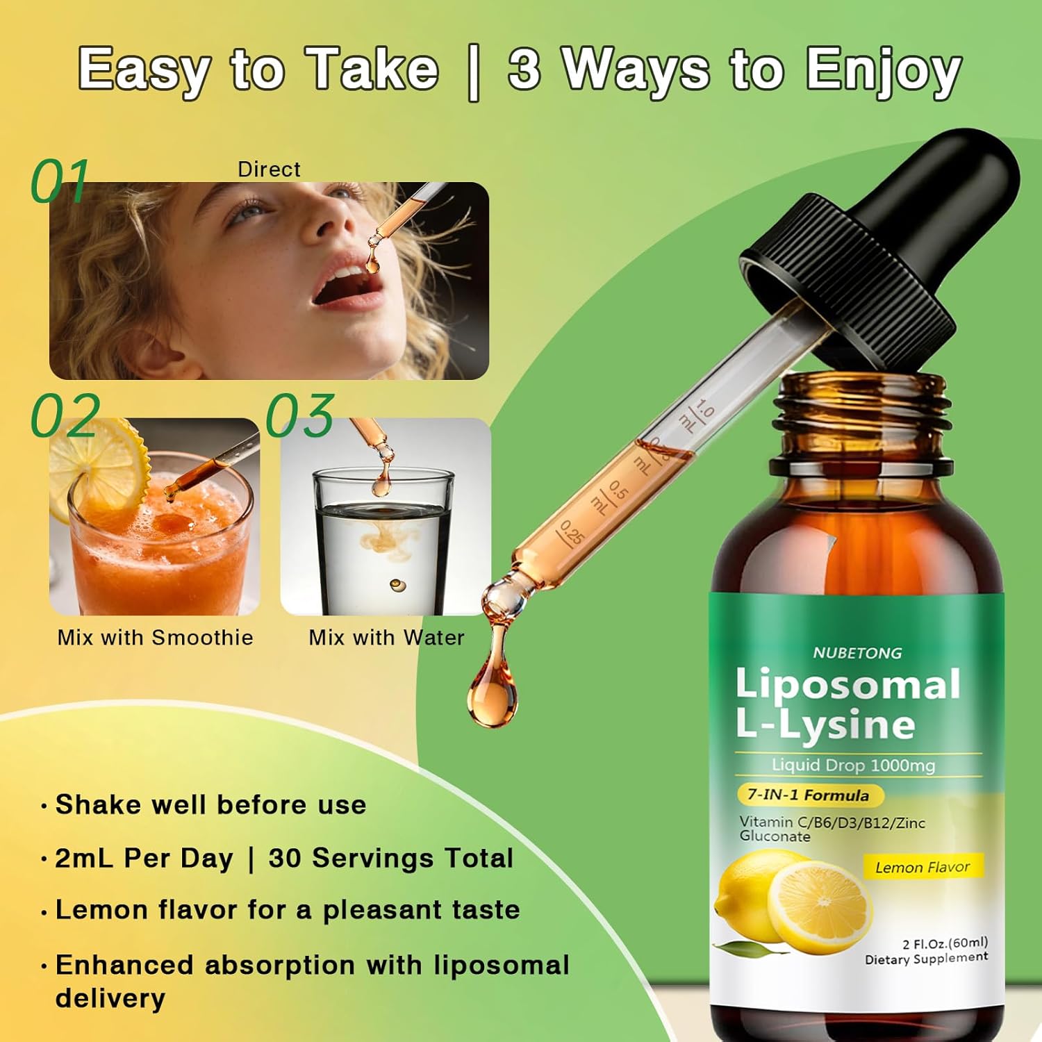 Liposomal L-Lysine Liquid Drops 1000mg – 7-in-1 Lysine Supplement with Vitamin C D3 B6 B12 Zinc & Immune Support Blend, Lemon Flavor, for Lip & Oral Health, Collagen & Immune Support, Vegan, Non-GMO
