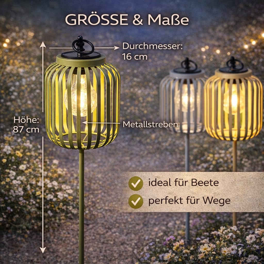 formano 3er Set Solar Gartenstecker Windlicht Solarleuchten mit LED-Birne & Dämmerungssensor Metall Gartenbeleuchtung IP44 für Garten Beet & Terrasse dekorative Solar Lampen Höhe 87 cm Ø16 cm