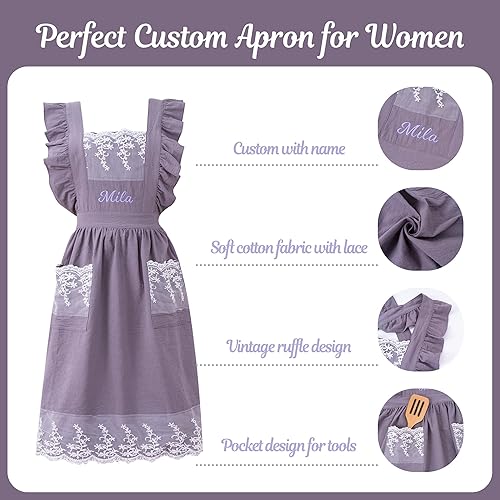Miniatura 3 de Delantal vintage para mujer con bolsillos, delantales de chef personalizados con nombre para cocina, cocción, hornear, jardinería