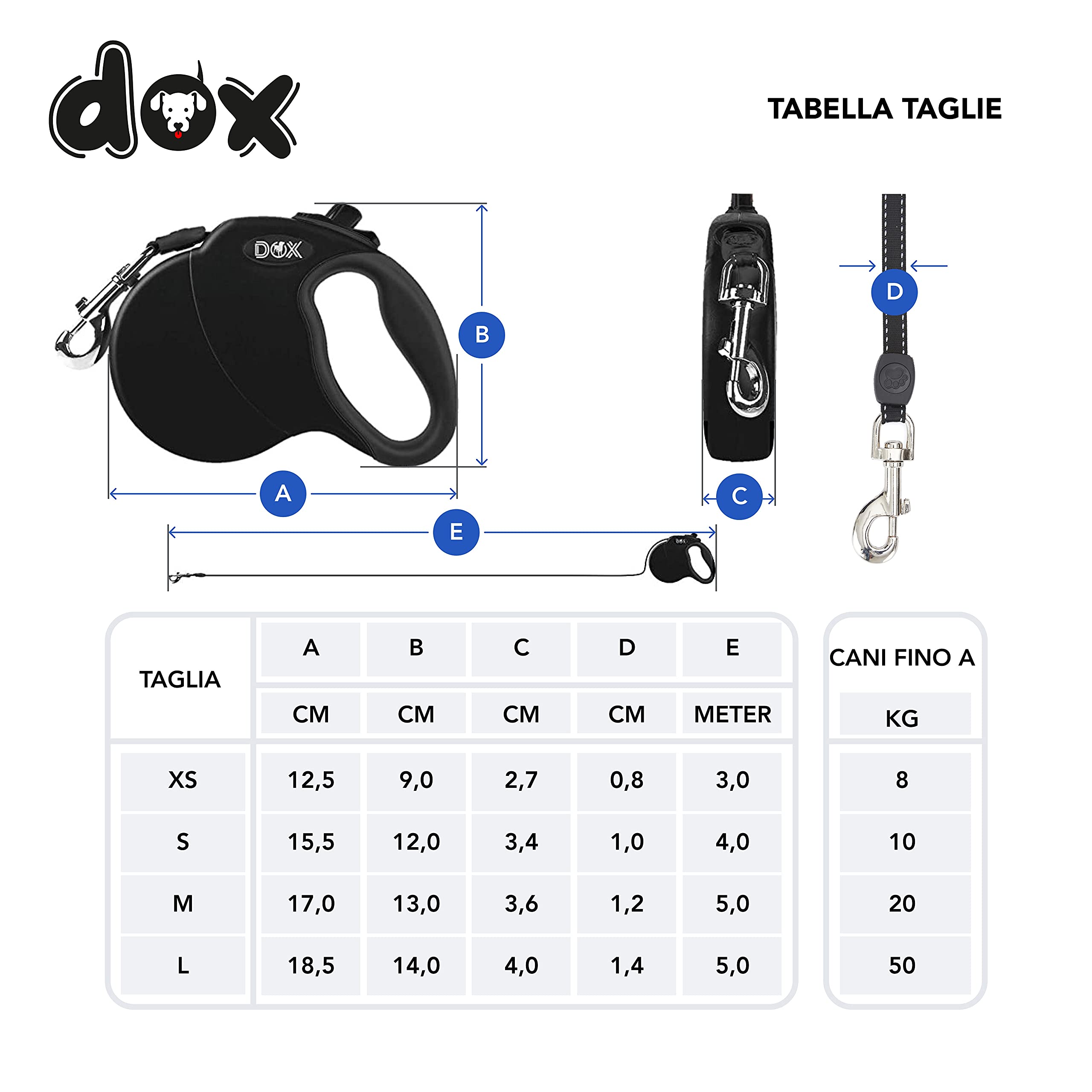 DDOXX Guinzaglio retrattile per cani di piccola e grande taglia | Diversi colori e taglie, XS fino a 8 kg | Per cuccioli di gatto e cani | Retrattile fino a 3 metri | accessori per cani inclusi | Nero