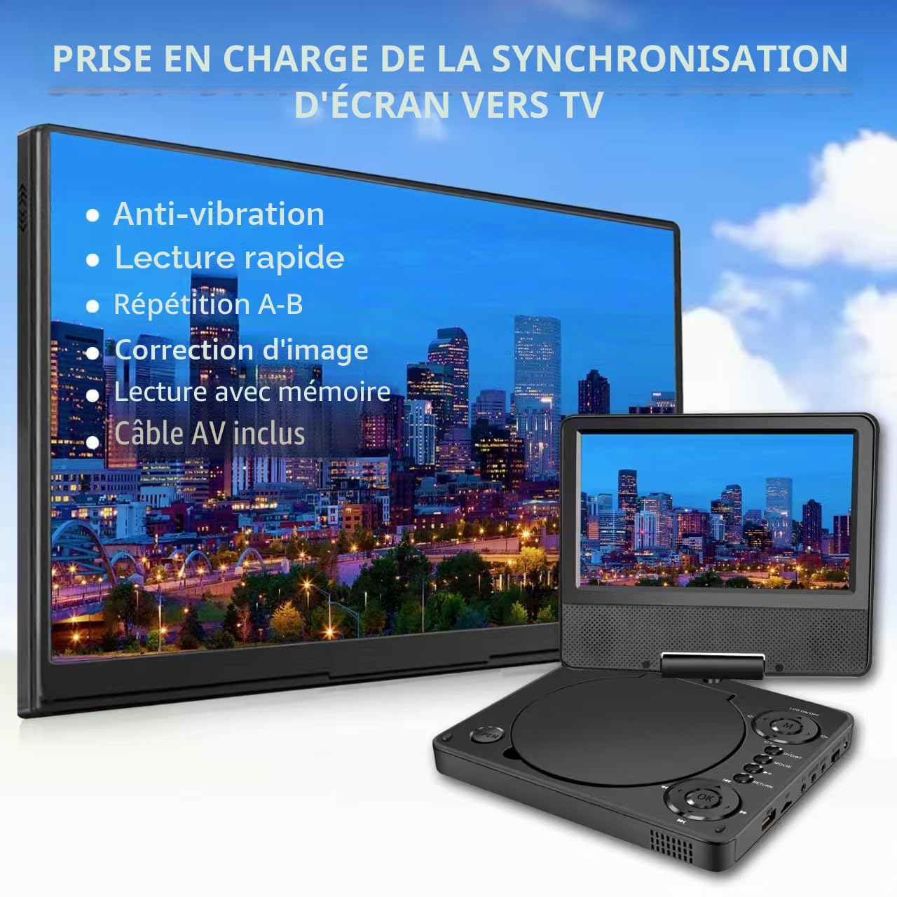 Lecteur DVD portable Bluetooth 9,5" YOOHOO écran HD 7,5" pour enfants voiture TV appuie-tête toutes régions MKV/MP4/WAV/AVI