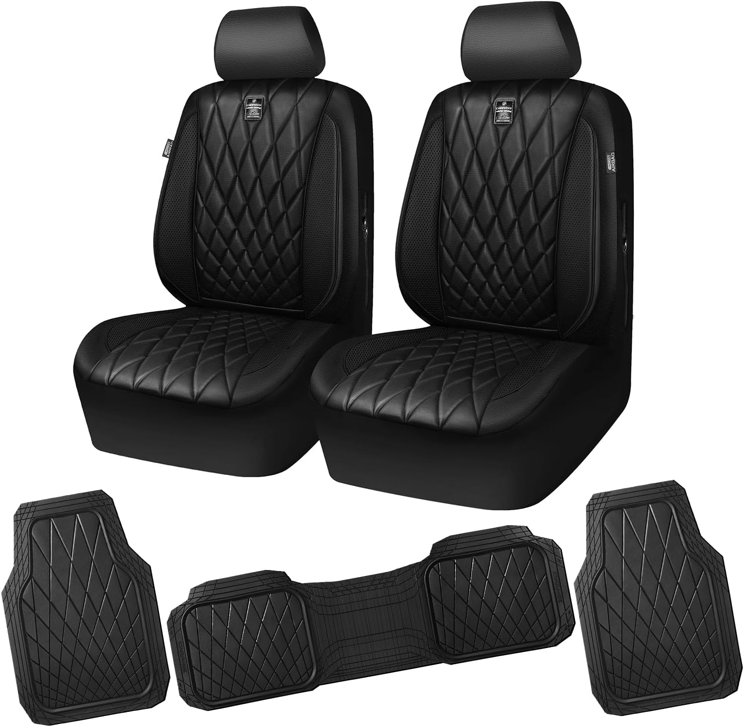 CAR PASS Piping Luxury Faux PU Leather Two Front Car Seat Covers and 3 Pieces Heavy Duty Deep Dish Rubber Car Floor Mats, Universal Fit for 95% Sedan SUV Van Truck, All Black