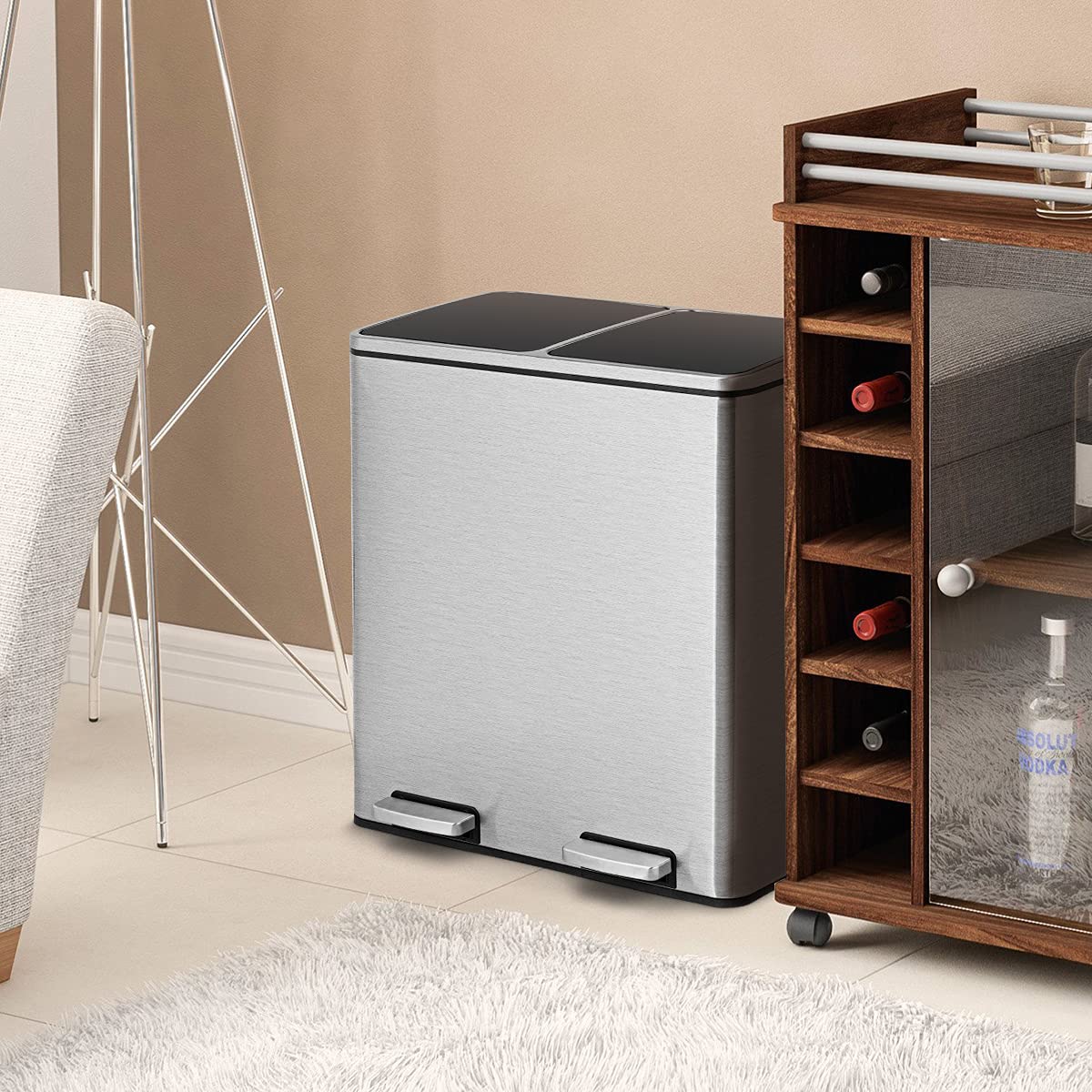 GOPLUS Cubo de basura de acero inoxidable, 2 x 30 L, con 2 compartimentos, a prueba de olores, con tapa, asas, pedal de metal y 2 cubos interiores de plástico, cierre de suavidad para cocina y salón