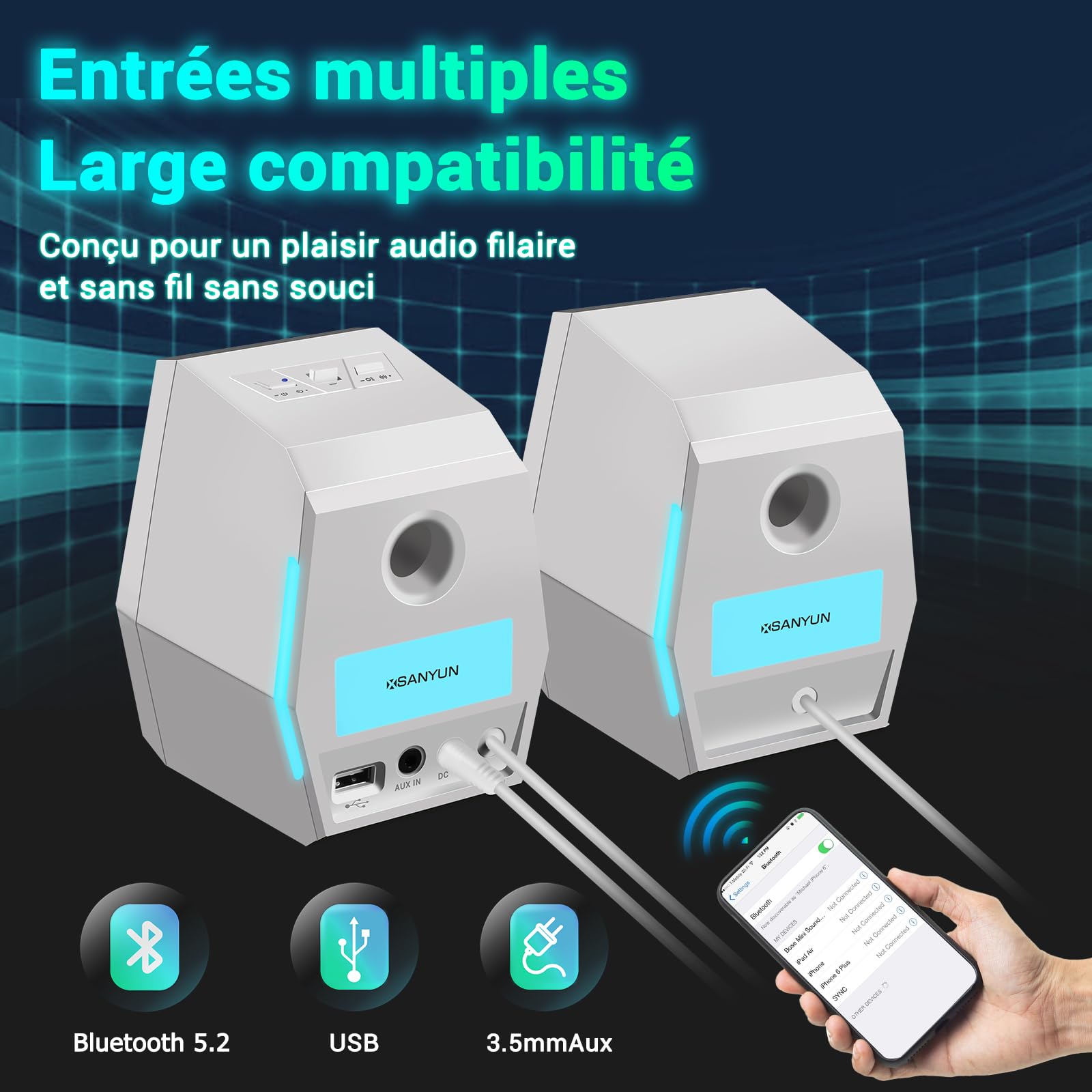 Sanyun SW209 Enceintes Gaming 2.0 36 W, Audio Tactique 3 Modes DSP | Modes Jeu/Film/Musique, DAC 24 bits, USB-C/Bluetooth 5.2/AUX, HP Fibre de Verre 7 cm + Dôme Soie 18 mm, RGB (Paire, Blanc)