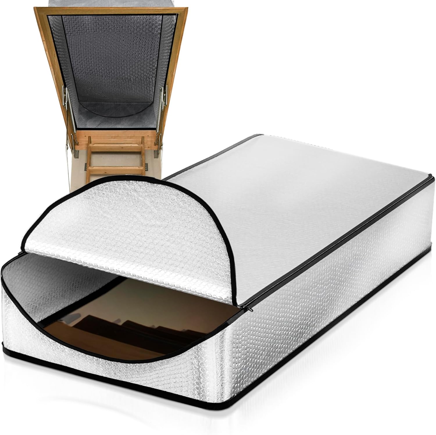 ABC PACK & SUPPLY Attic Stairs Insulation Cover, 25 x 54 x 11 Inch. Fire Resistant Foil Attic Door Insulation with Double-Layer Air Bubble PE 230 GSM. Waterproof Attic Tent with Zipper