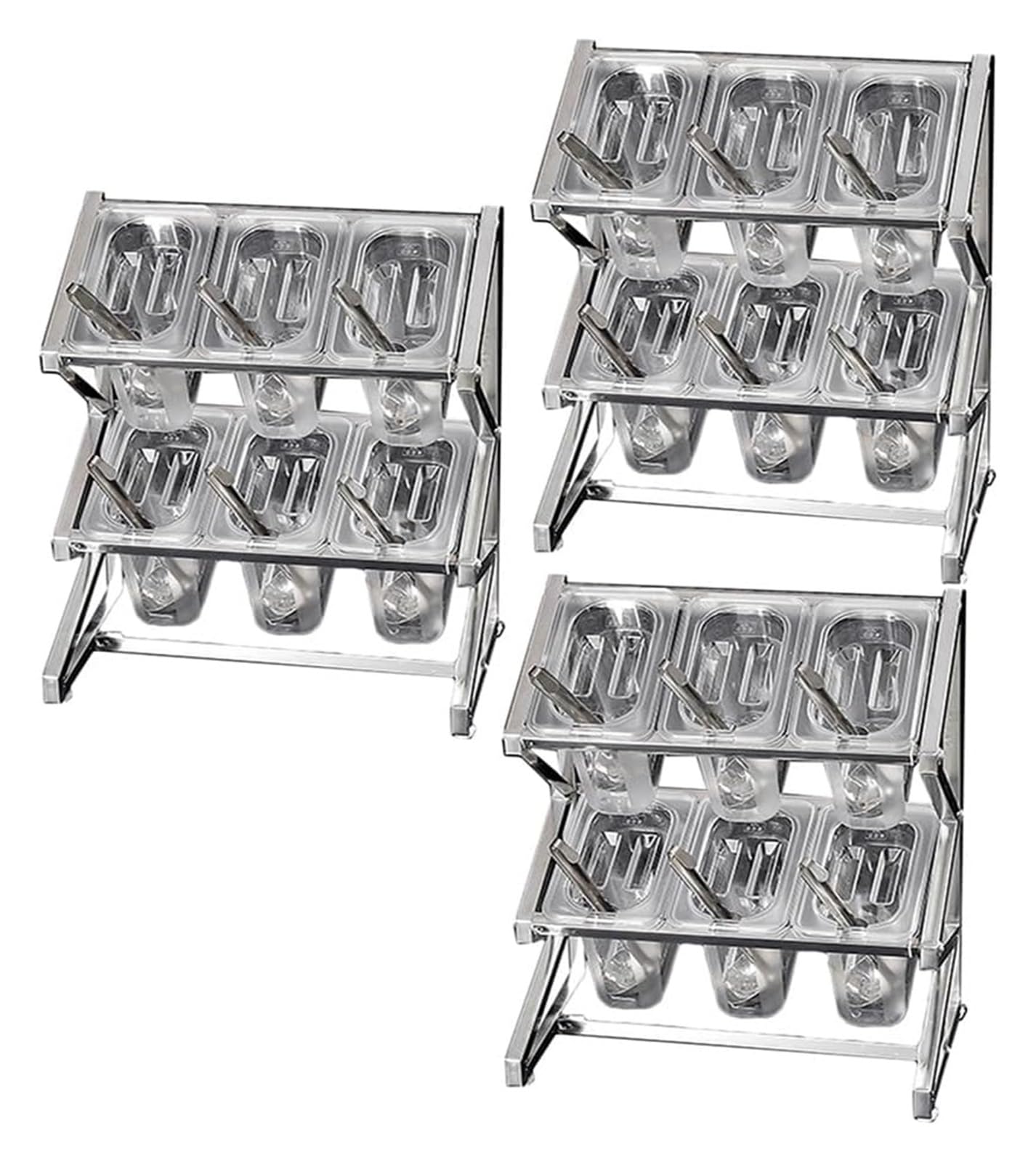 Stacja do polewania pizzy, puszki na przyprawy, 2-rzędowy przezroczysty stojący organizer na blat do przechowywania przypraw z zestawem pokrywek łyżek (srebrny) 60 x 20 x 40 cm