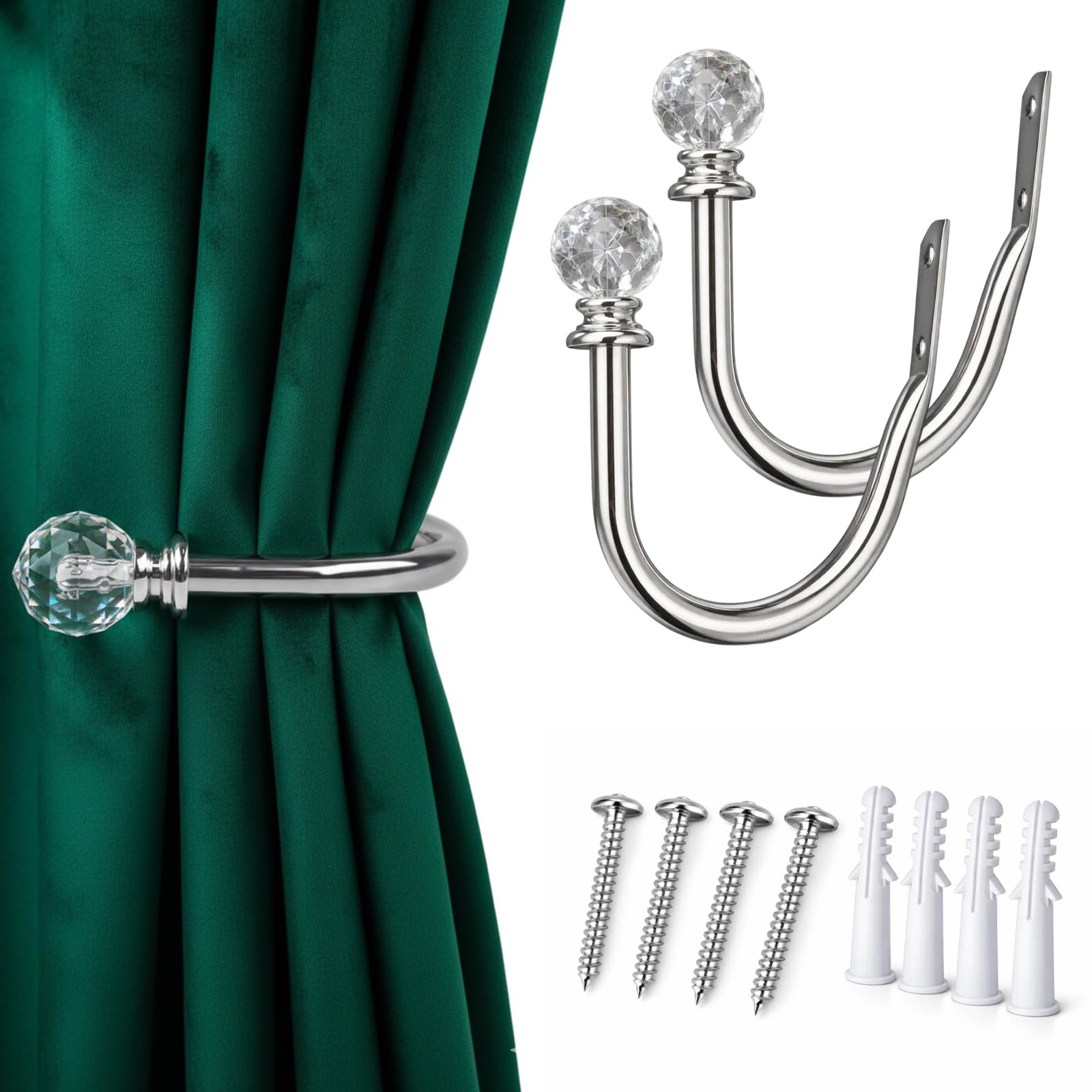 2Pcs Silver Curtain Tie Backs Hooks, Elegant Metal Curtain Tie Backs Featuring Crystal Embellishments, Functional Curtain Holdbacks for Home Decor