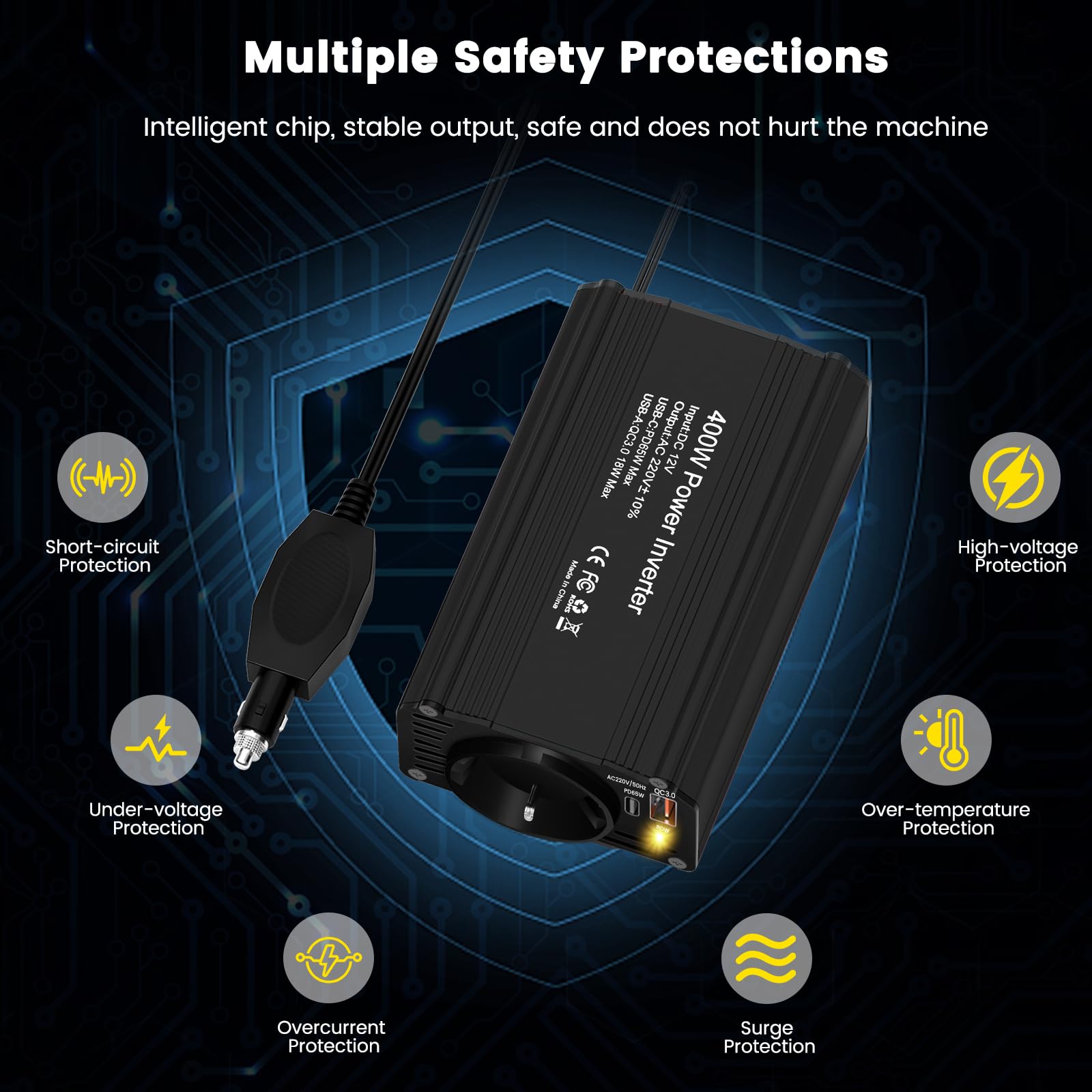 400w Invertitore Di Potenza Auto,Inverter 12 V 220 V Onda Pura, Premio Avec Allume Cigare,Con Pd65 W Usb-C, Qc3.0 Usb-A E 1 Presa, Supporto Per Ricarica Rapida E Con Interfaccia Per Accendini A Bordo