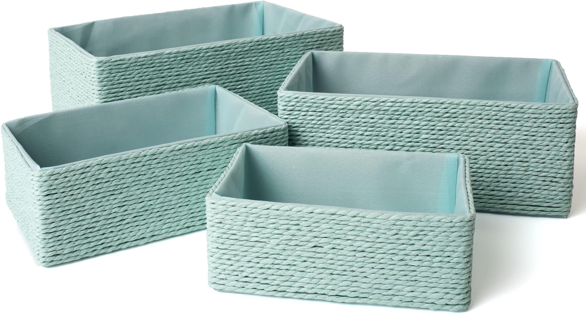 Storage Baskets Set 4 - Stackable Woven Basket Paper Rope Bin, Storage Boxes for Makeup Closet Bathroom Bedroom (Light Green)