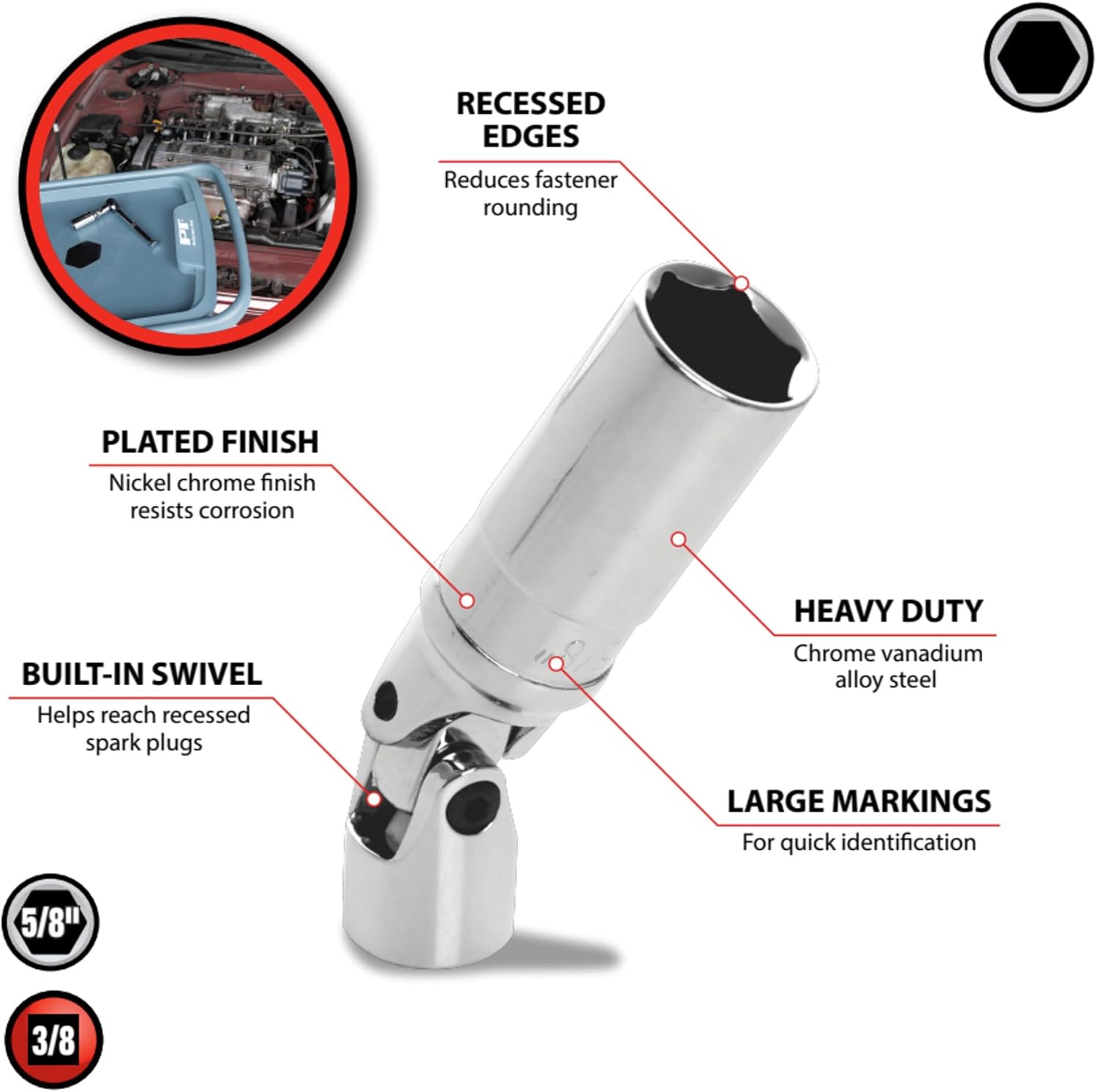 Performance Tool W38161 3/8-Inch Drive 5/8-Inch U-Joint Spark Plug Socket