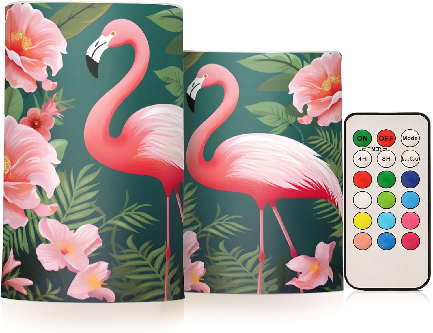ALAZA Tropical Flower Pink Flamingo Flameless Candles, LED Pillar Candles with Remote Timer, Battery Operated Candles Set of 2