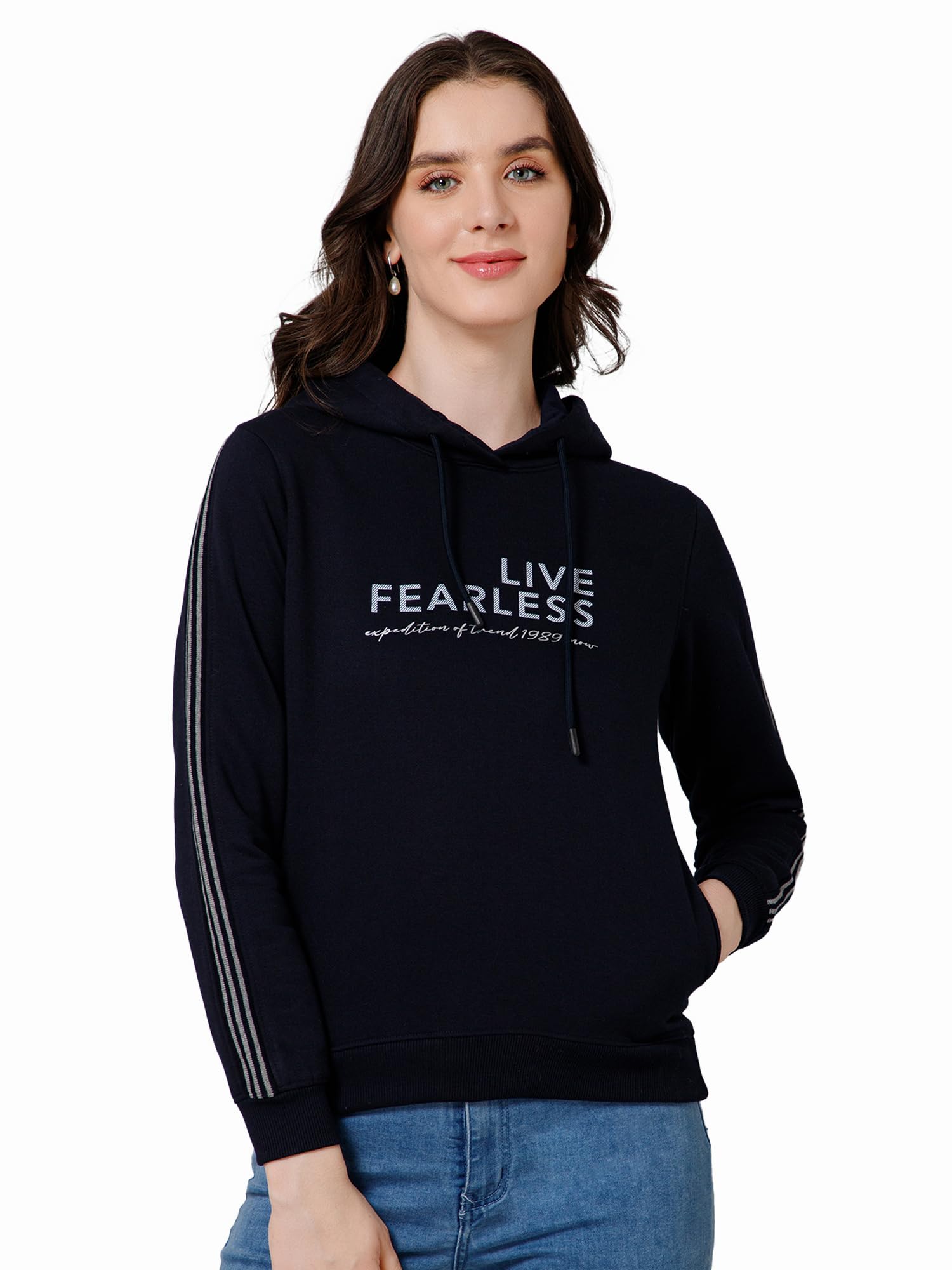 cantabil Printed Navy Blue Full Sleeves Regular Fit Women Casual Sweatshirt with Hoodie | Casual Winter Sweatshirts for Women | Ladies Sweatshirts for Winter Wear (P_LSWS00039_Navy)-picture-29