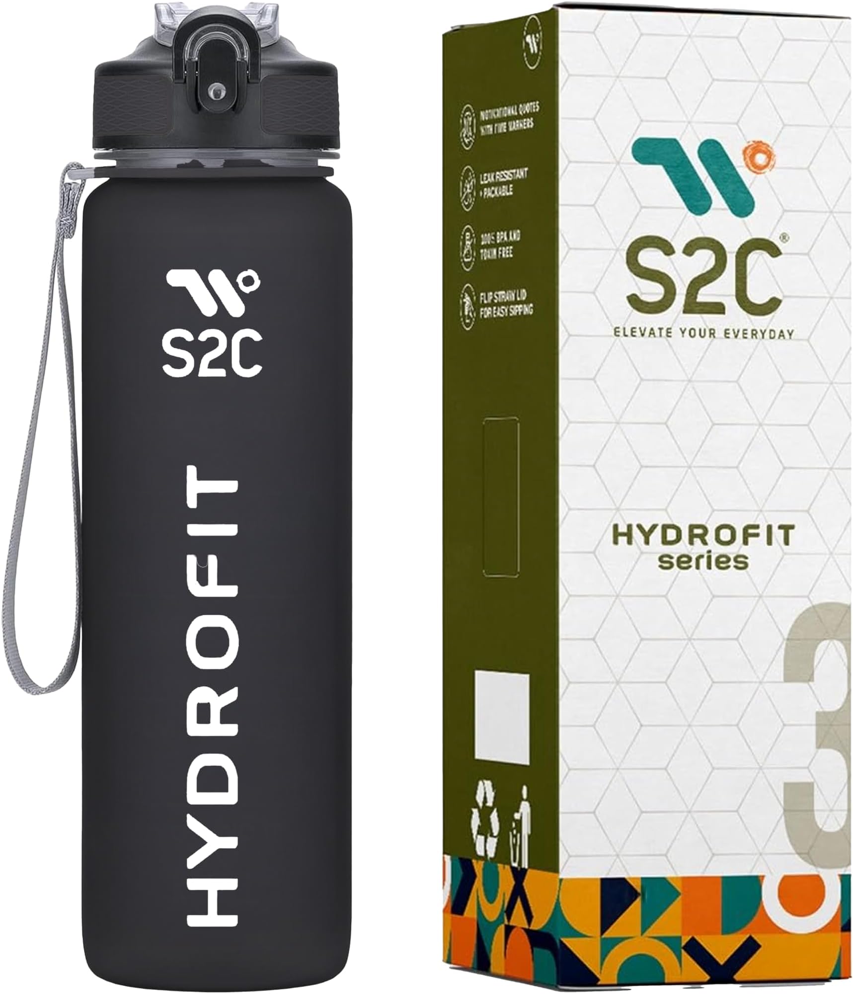 S2C -1L Motivational Water Bottle for Gym & School - Leakproof, BPA-Free, with Time Markers - Perfect for Men, Women, and Kids - Hydration Tracker, Inspirational Quotes, Durable Design (GREY)