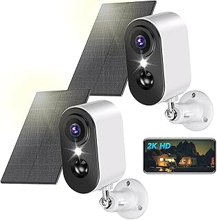 2K Outdoor Surveillance Camera Battery with Solar Panel - Camera Surveillance Outdoor WiFi with Coloured Night Vision Cameras Wireless Indoor/Outdoor PIR Motion Detection IP66 2.4 GHz 2 Pack