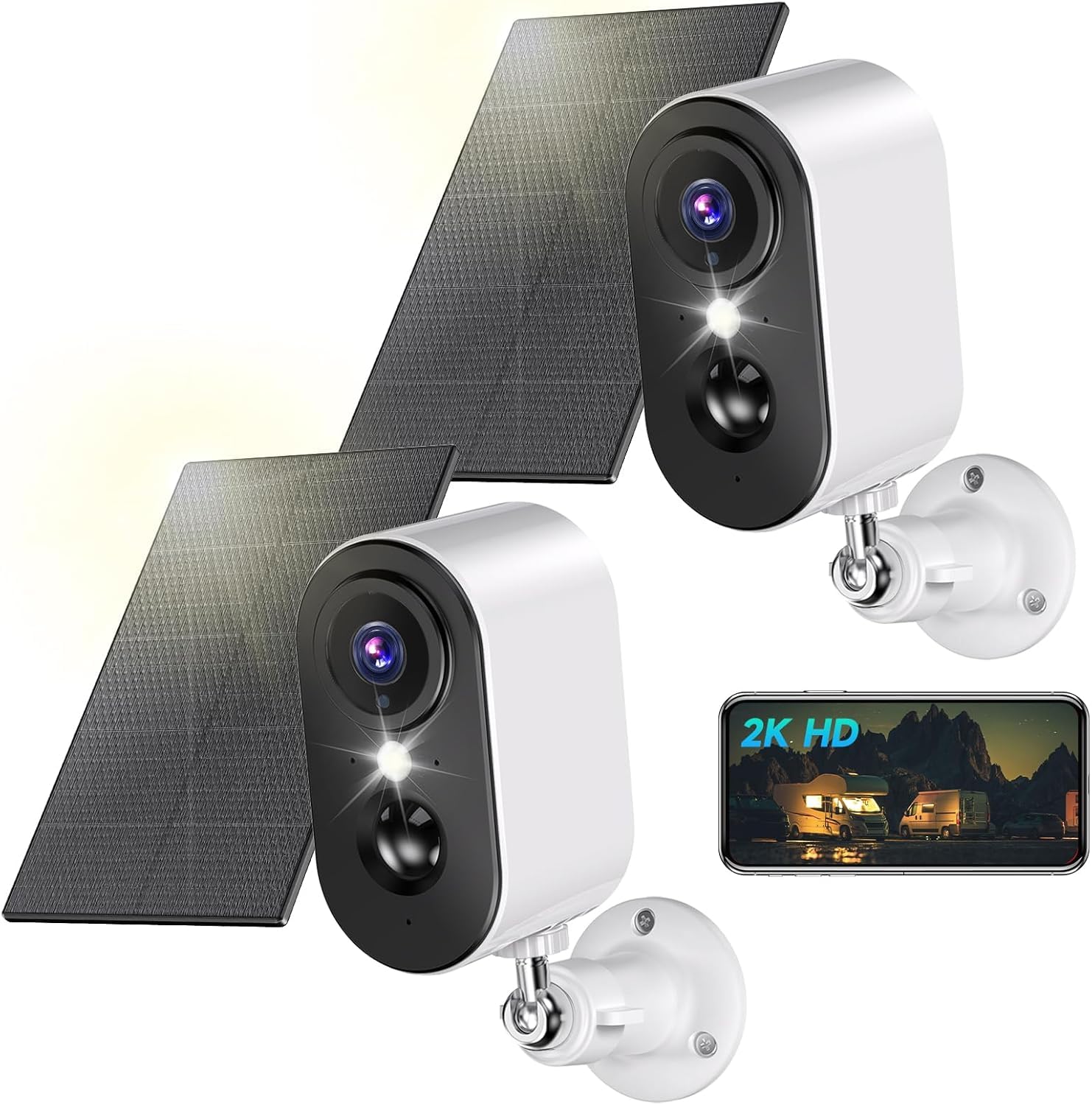 2K Überwachungskamera Aussen WLAN Akku mit Solarpanel, 2 Pack | Kamera Überwachung Aussen WLAN mit Farbige Nachtsicht, Kameras kabellos außen/innen, PIR-Bewegungserkennung, IP66, 2,4 GHz