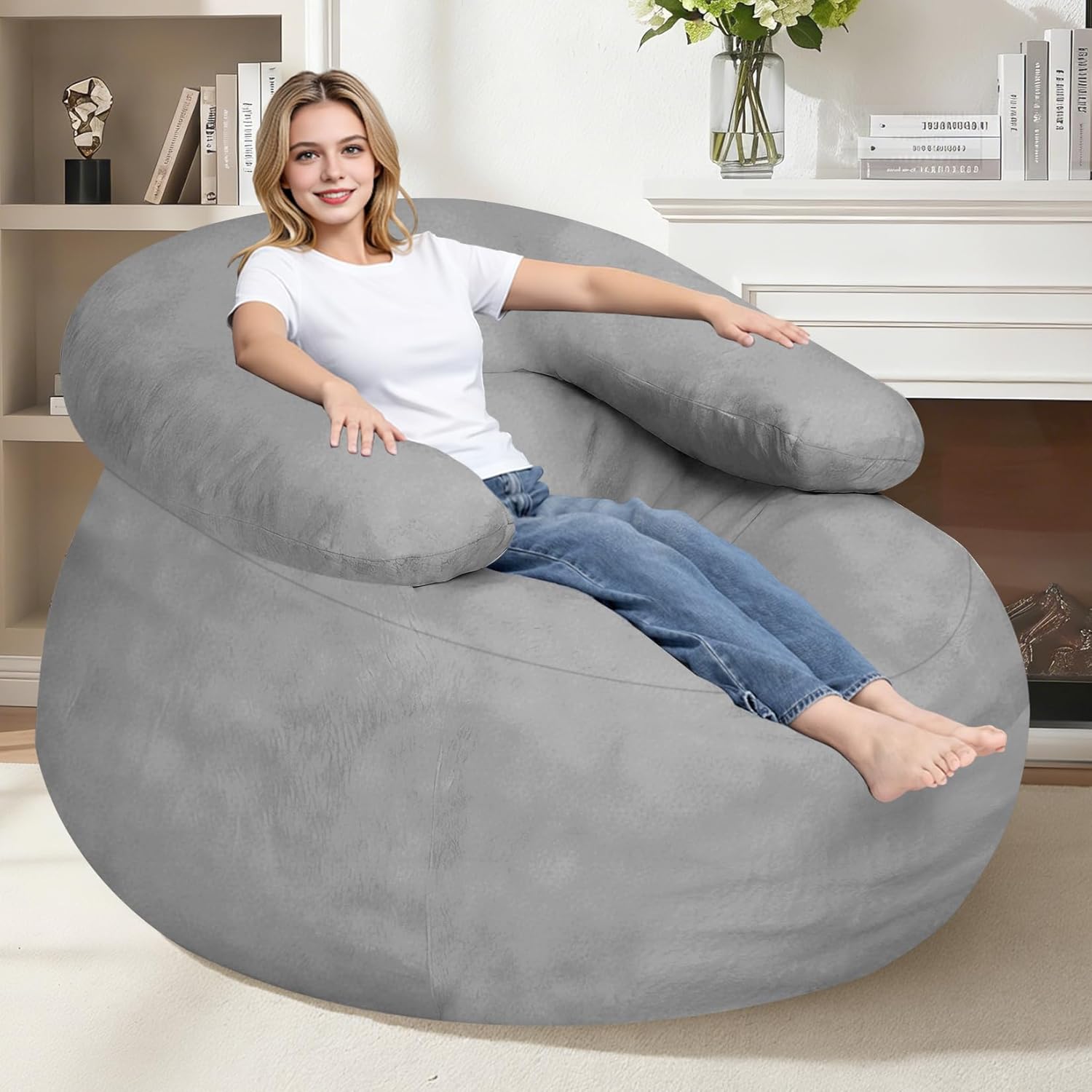 Giant Bean Bag Sofa, Oversized Beanbag Chair with Filler, Ultra Soft Faux Fur Bean Bag Lounge Floor Sofa w/U-Shaped Pillow for Gaming, Reading, Light Grey & Light Grey