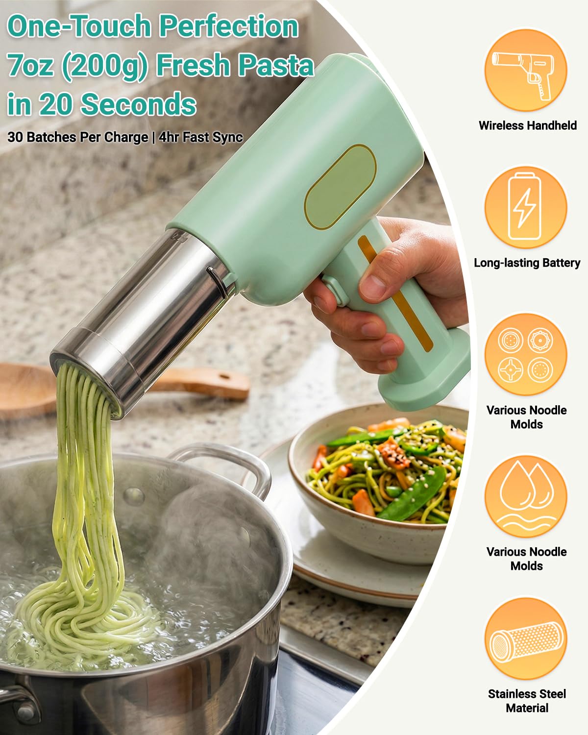 Macchina per la pasta, macchina elettrica portatile per pasta, riempitrice per salsicce, macchina per noodle senza fili all-in-one, con stampi per modellare gli accessori (verde)
